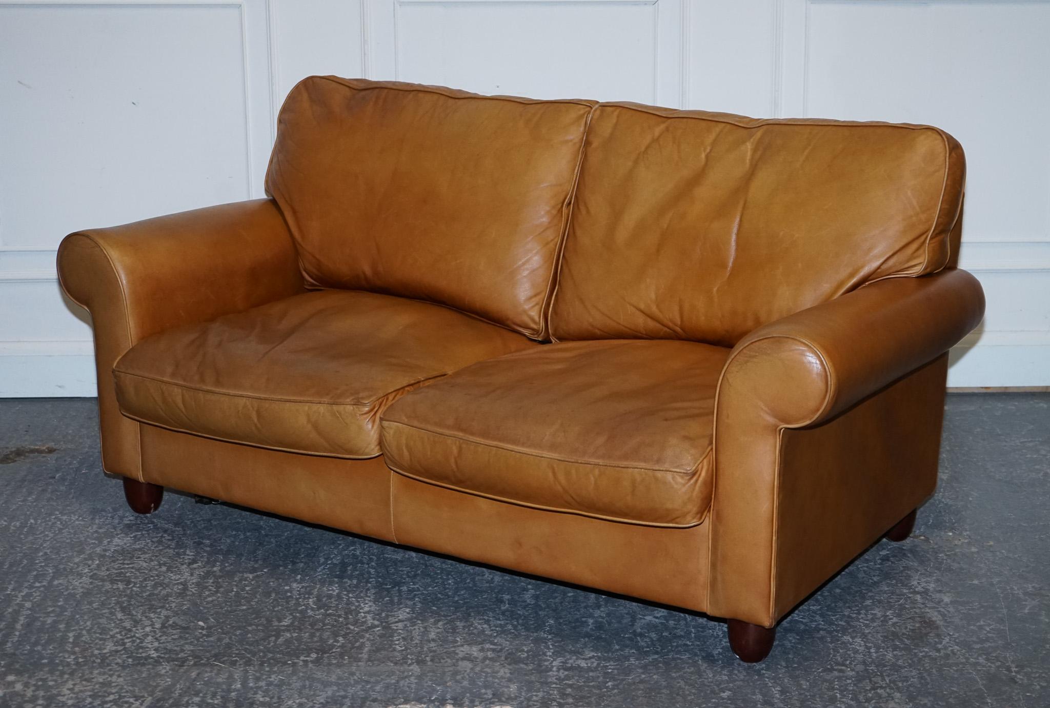 Hand-Crafted LOVELY LAURA ASHLEY ABiNGDON TAN LEATHER SOFA BED TWO TO THREE SEATER