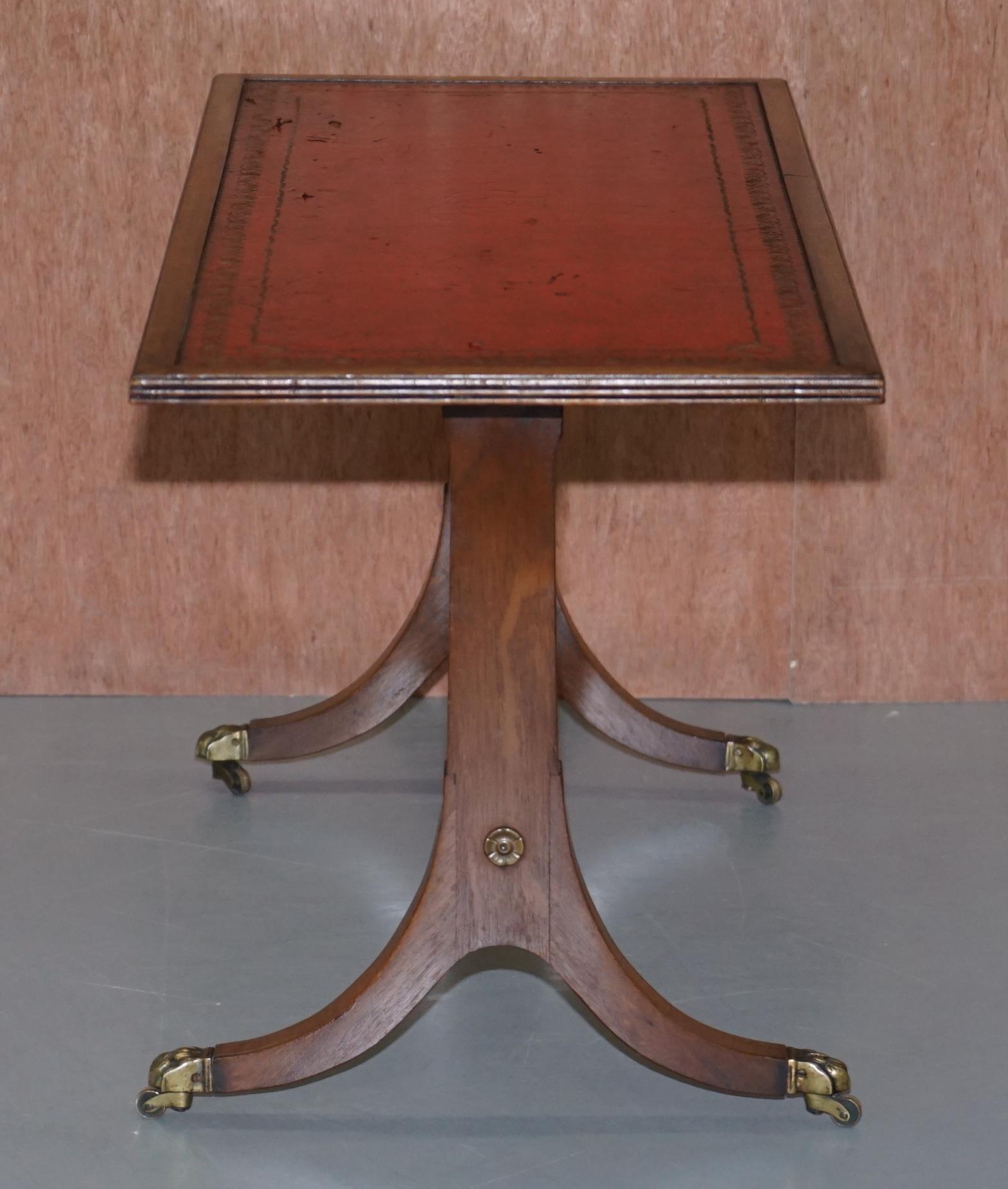 Lovely Light Mahogany with Oxblood Leather Top Coffee Table Lion Paw Castors 4