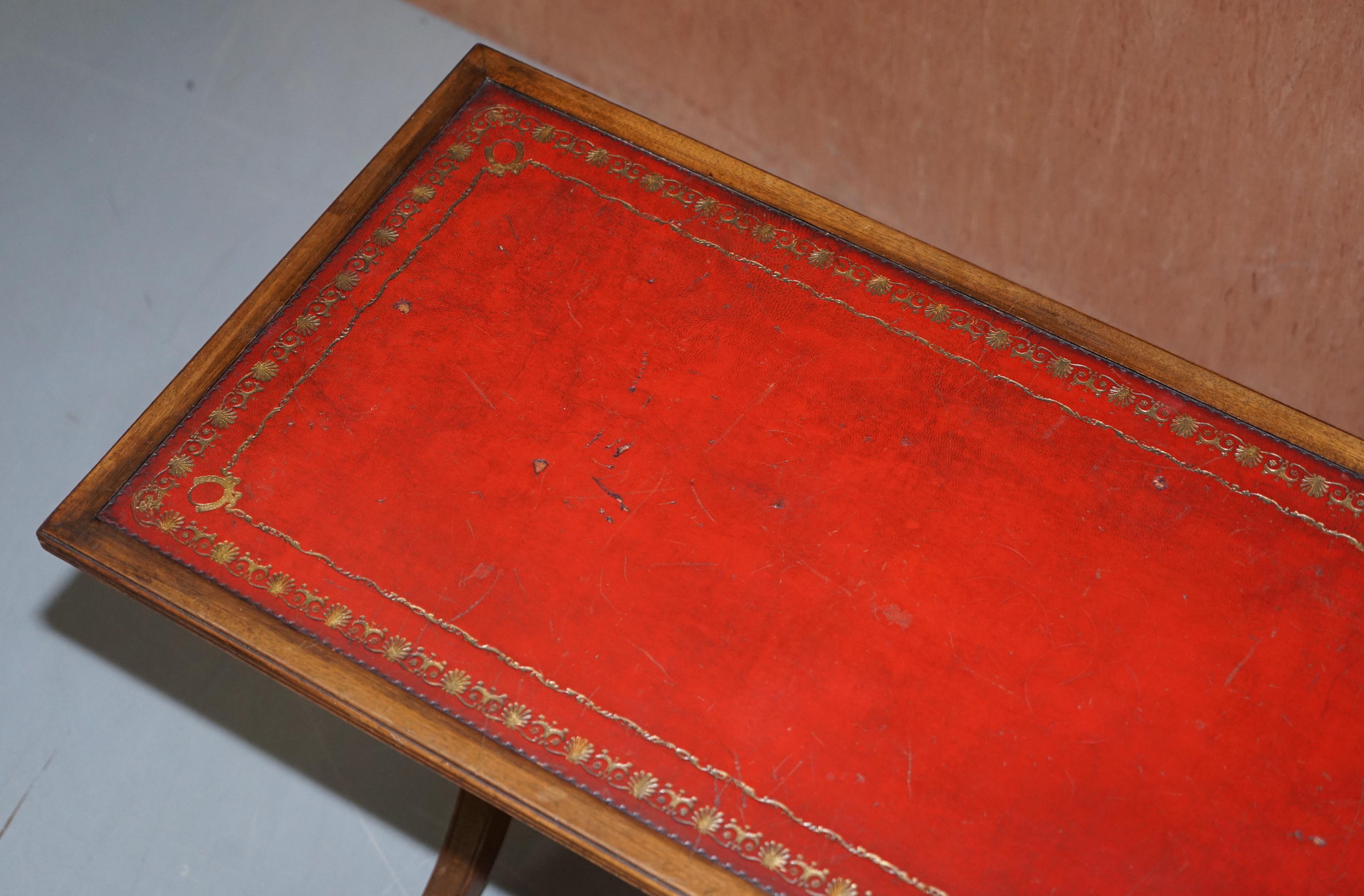 English Lovely Light Mahogany with Oxblood Leather Top Coffee Table Lion Paw Castors