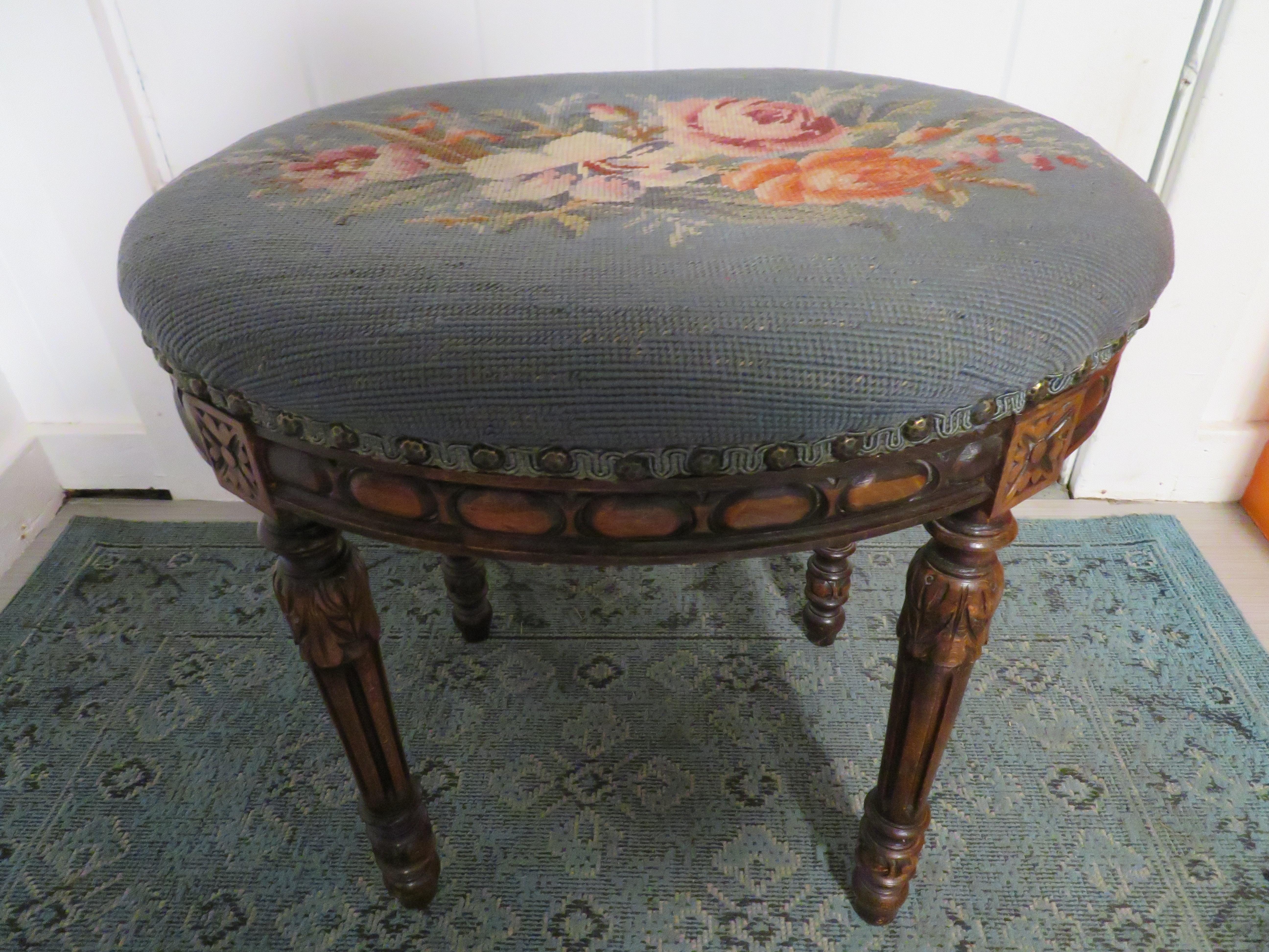 Lovely Louis XVI Oval Floral Needlepoint Stool Bench For Sale 7