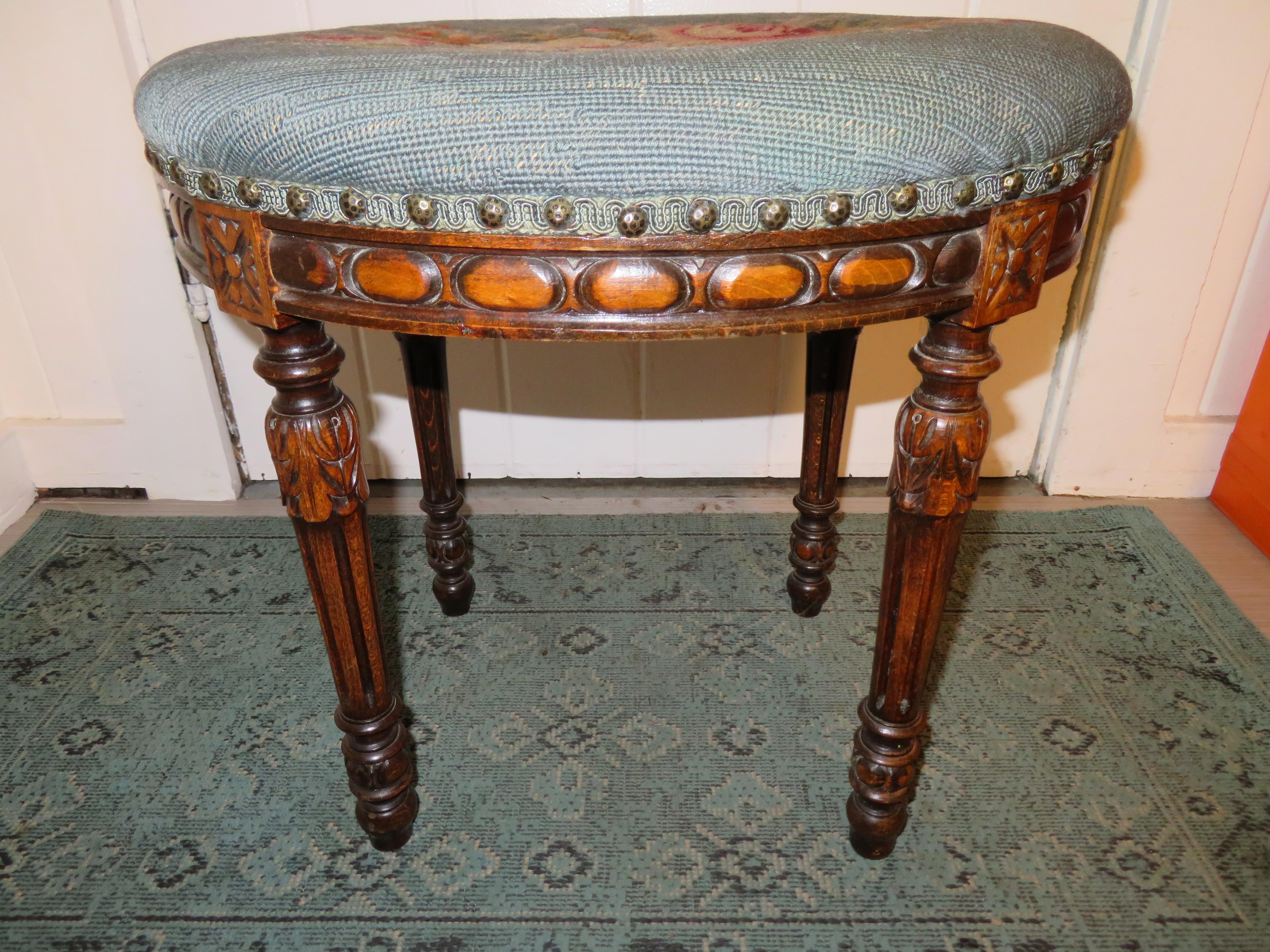 Upholstery Lovely Louis XVI Oval Floral Needlepoint Stool Bench For Sale
