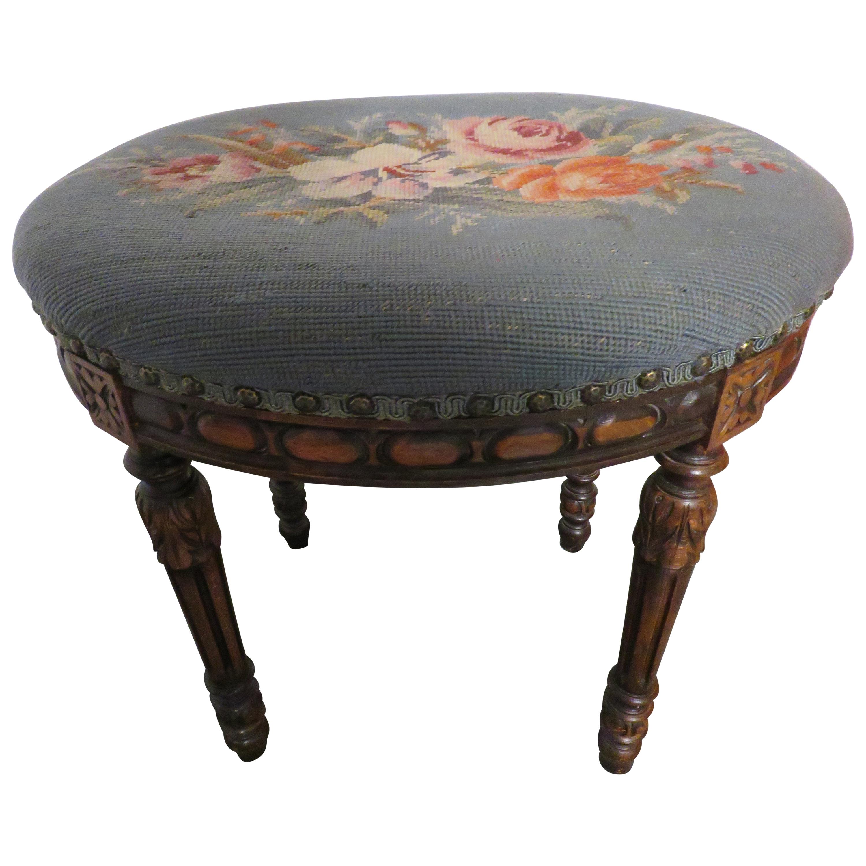 Lovely Louis XVI Oval Floral Needlepoint Stool Bench For Sale