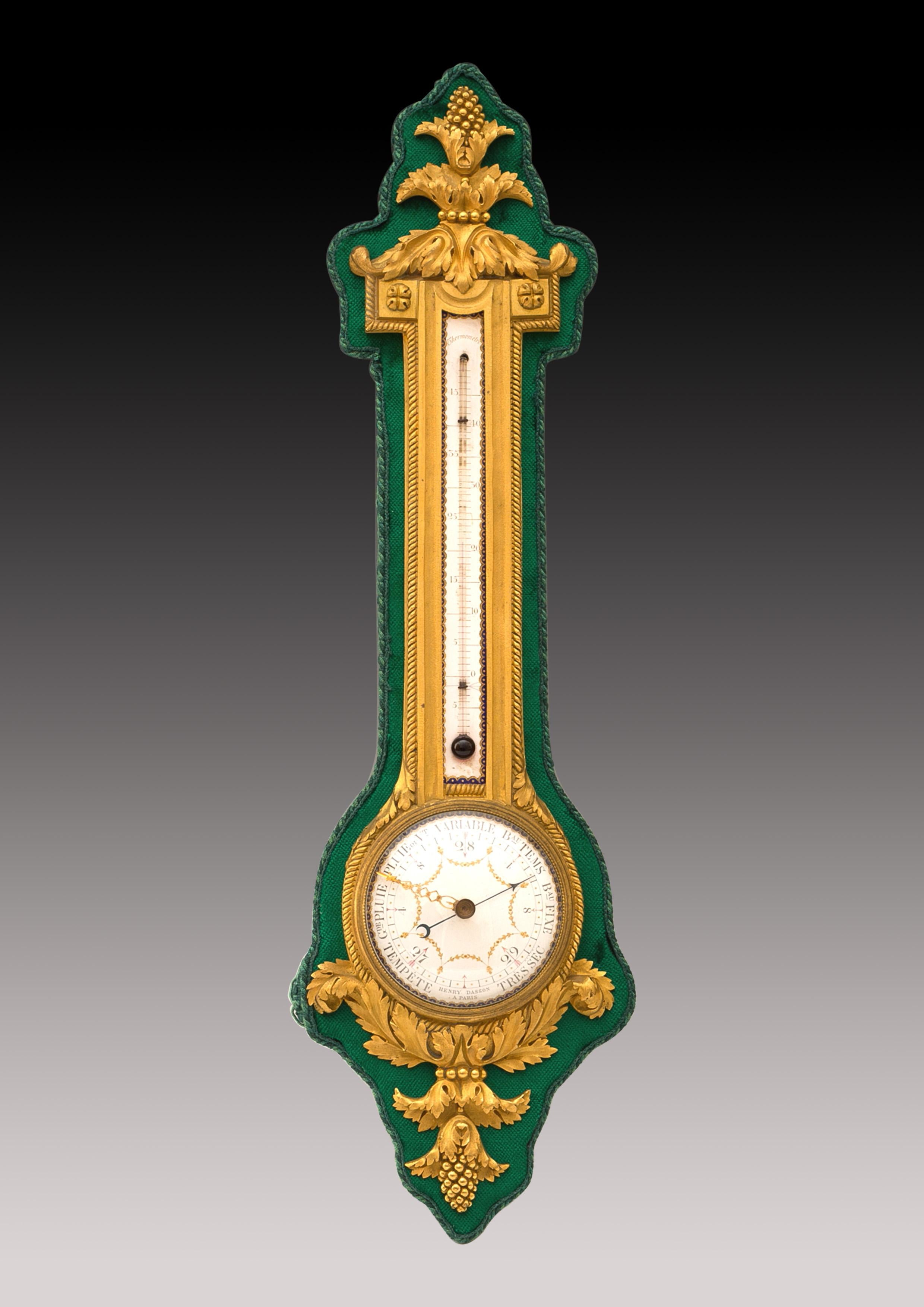 A companion pair of Louis XVI style barometer and thermometer finely decorated with gilt bronze acanthus leaves and seeds on green velvet, each with a polychrome decorated enamel plate, signed Henry Dasson / à Paris.

As a cabinet-maker and a