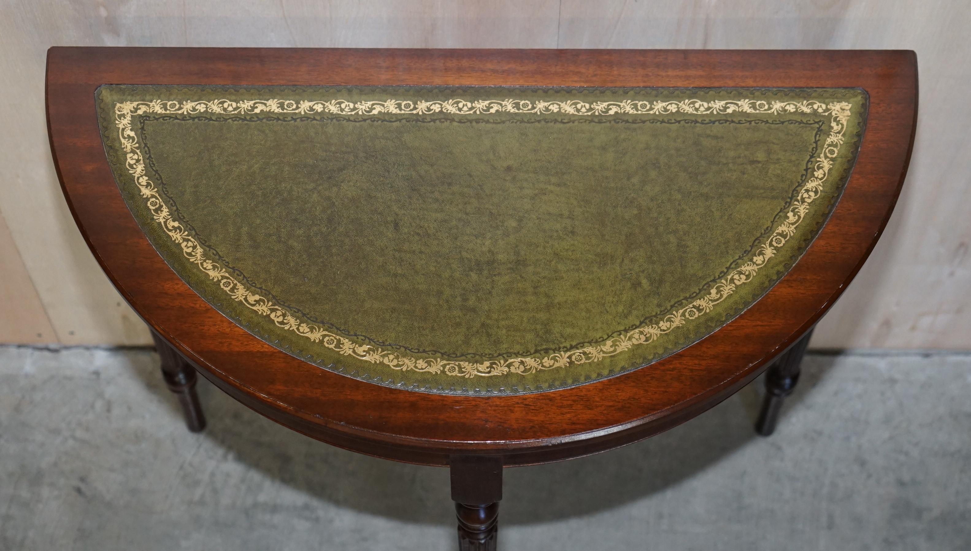 English Lovely Made in England Demi Lune Half Moon Console Table with Green Leather Top