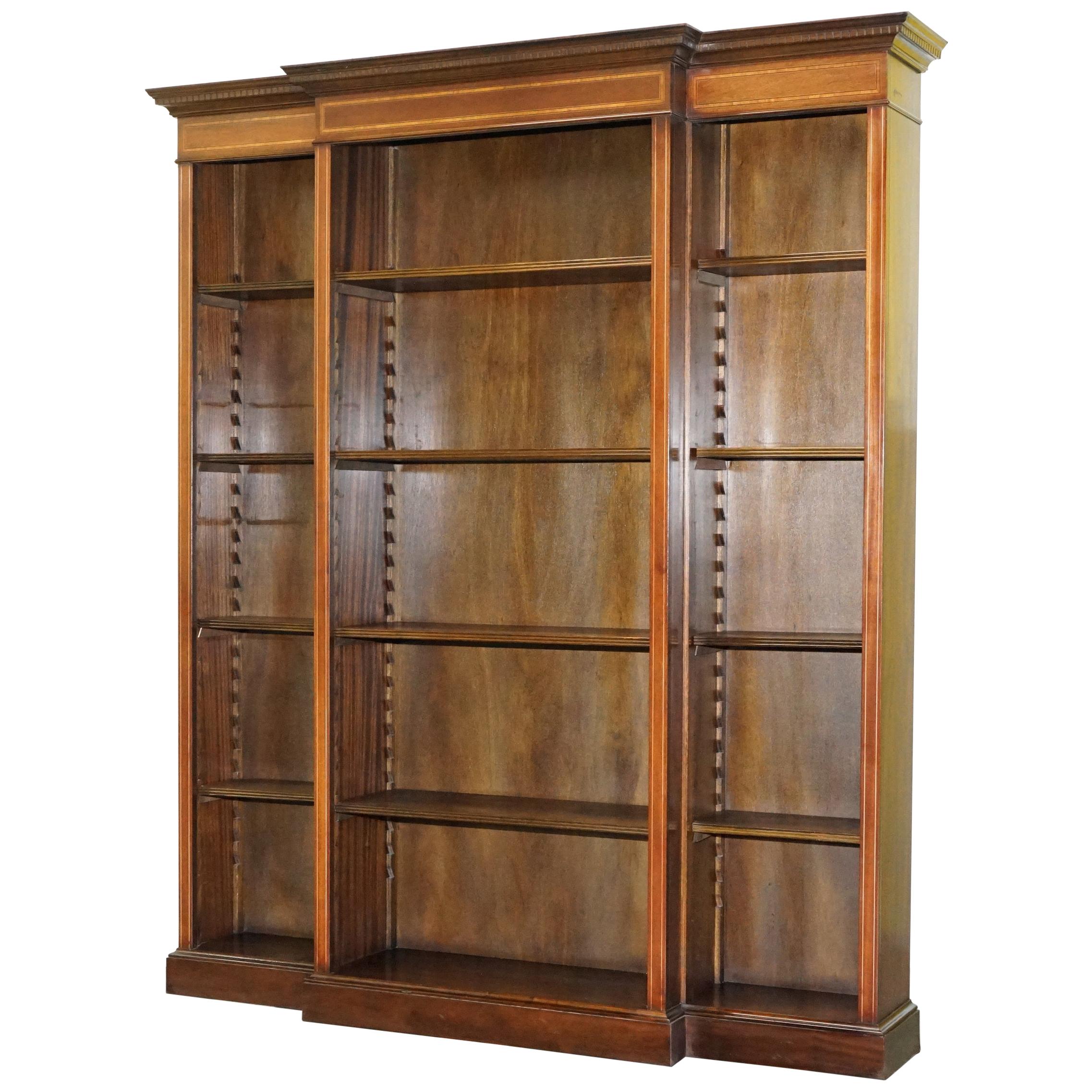 Lovely Mahogany Breakfront Library Bookcase with Adjustable Shelves Throughout
