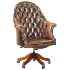 Lovely Mahogany Brown Leather Chesterfield Tufted Captains Directors Armchair