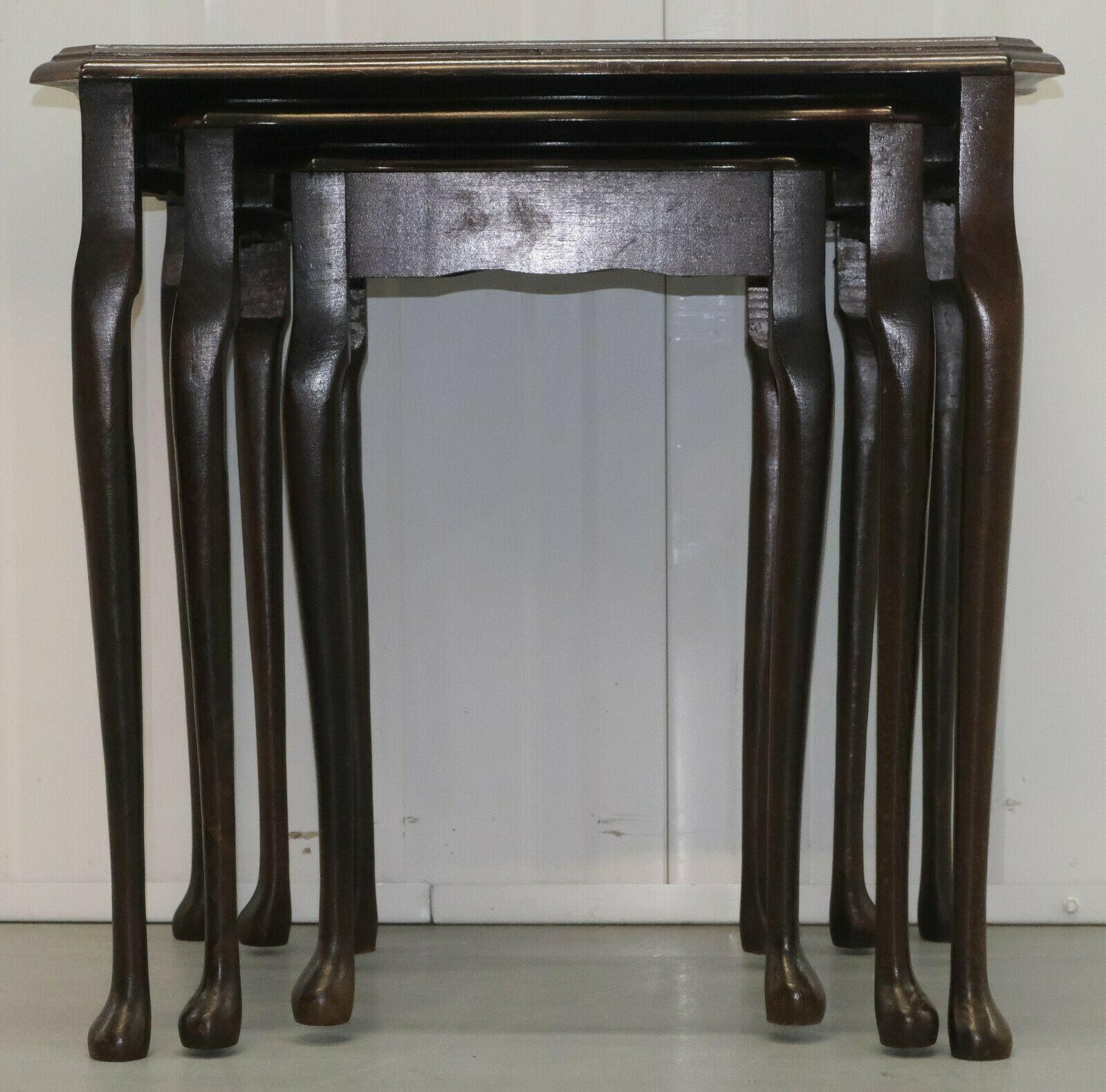 We are delighted to offer for sale this gorgeous mahogany nest of tables raised on cabriole legs.

This trio is very useful as they can be used as coffee or side tables, as they take up very little space when not in use. They are in good