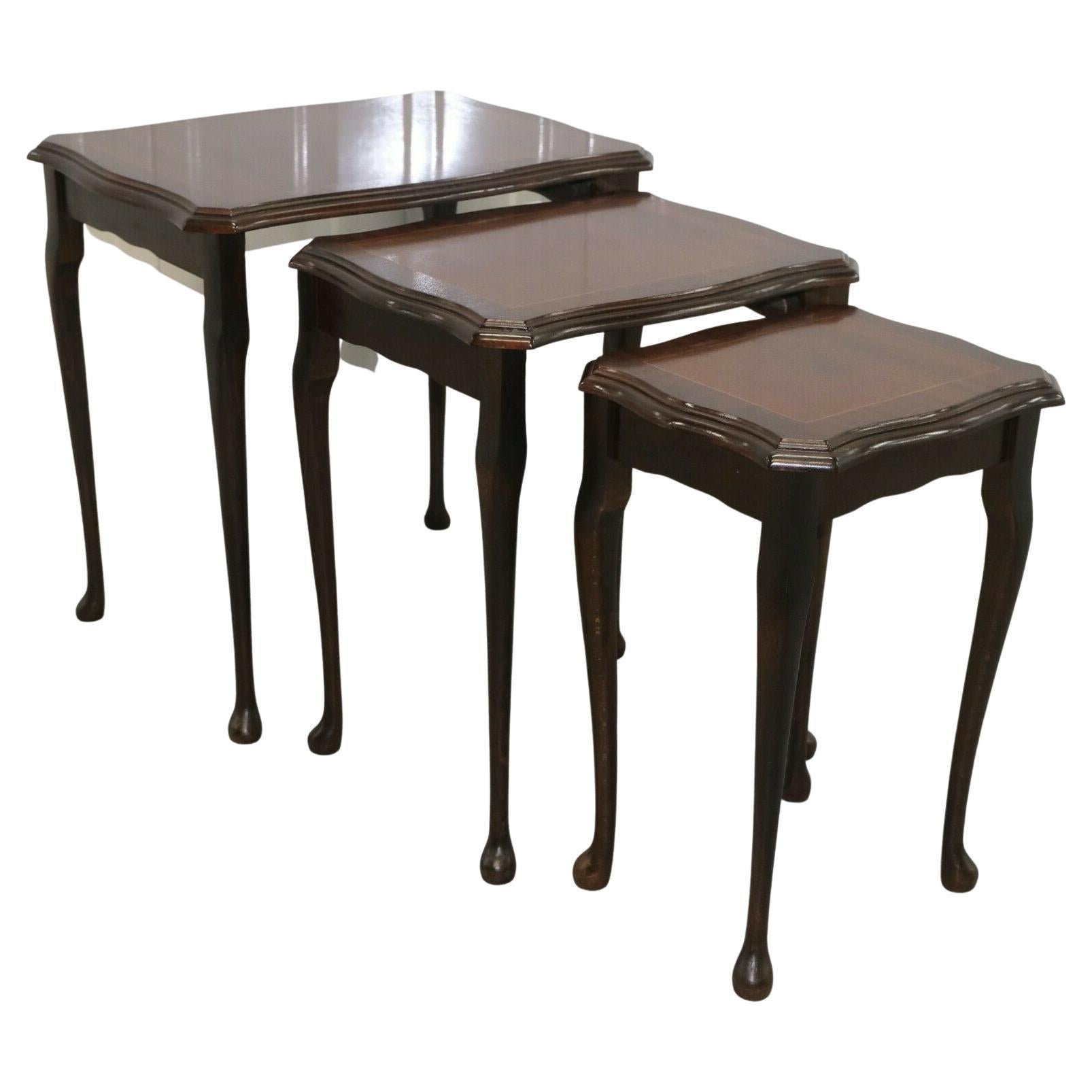 Lovely Hardwood Brown Set Nest of Tables on Cabriole Legs For Sale