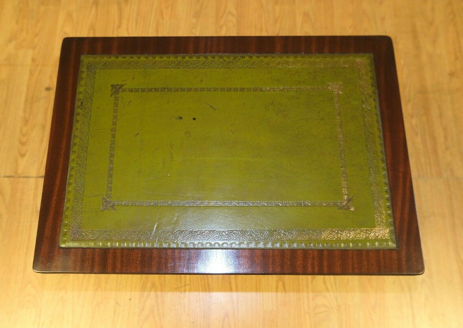 Lovely Hardwood Nest of Tables Green Leather Top with Harp Shape Support Sides For Sale 6