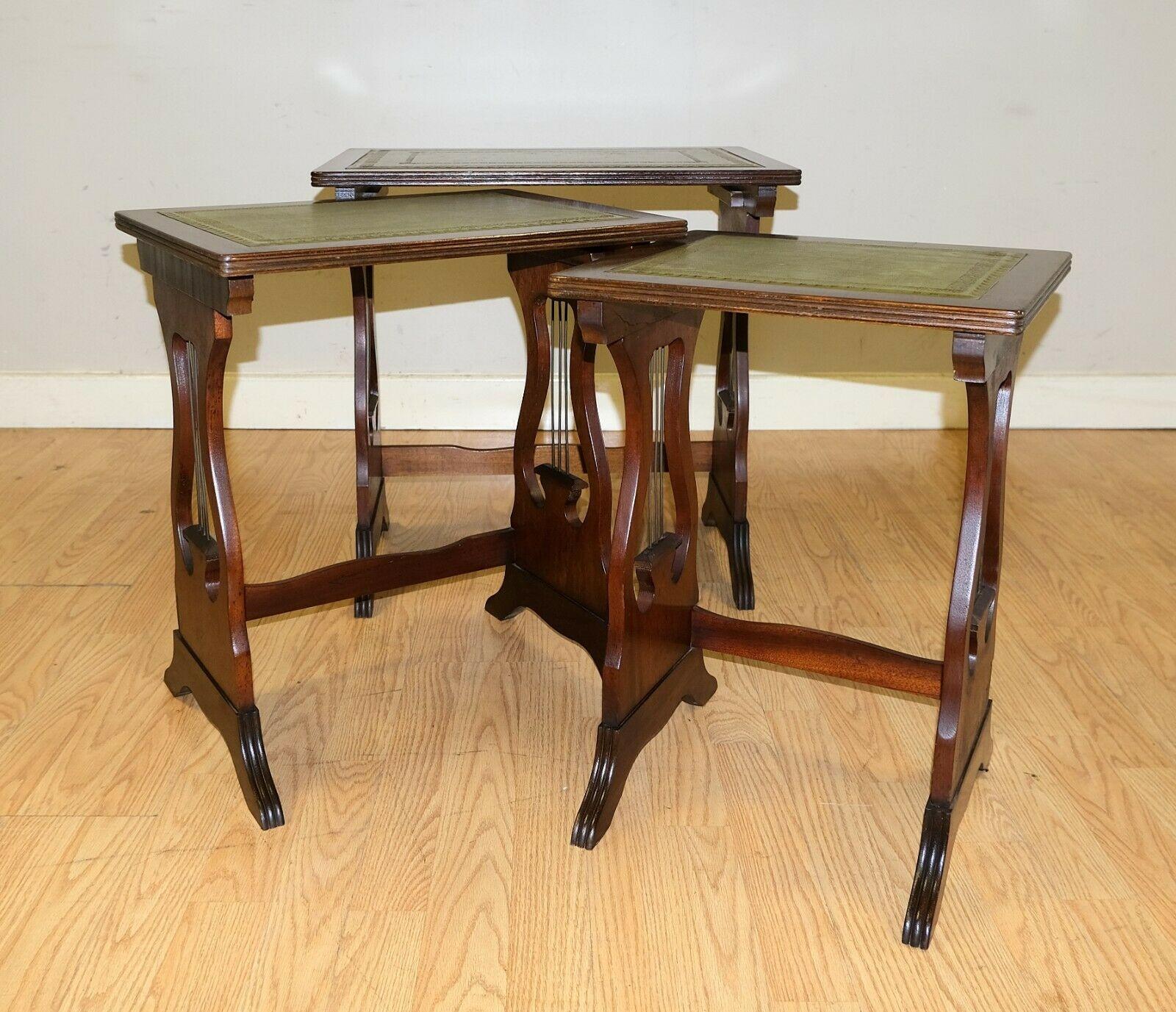 Regency Lovely Hardwood Nest of Tables Green Leather Top with Harp Shape Support Sides For Sale