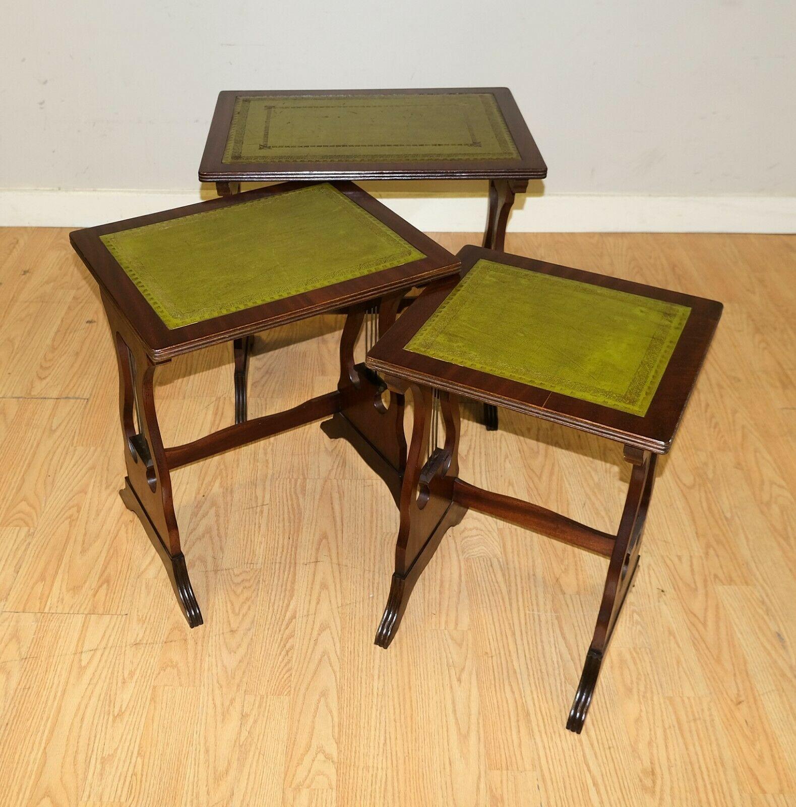English Lovely Hardwood Nest of Tables Green Leather Top with Harp Shape Support Sides For Sale