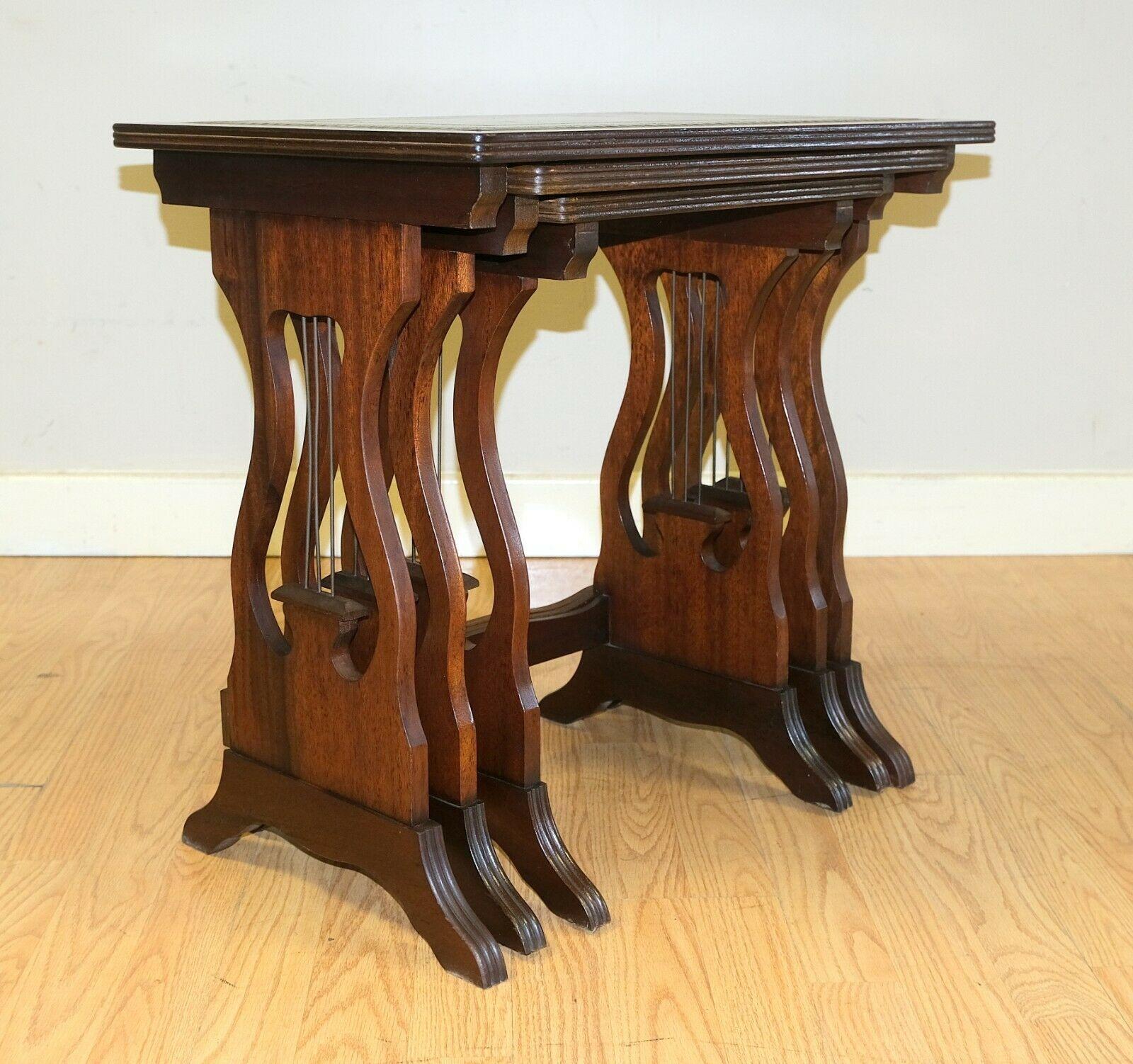 20th Century Lovely Hardwood Nest of Tables Green Leather Top with Harp Shape Support Sides For Sale