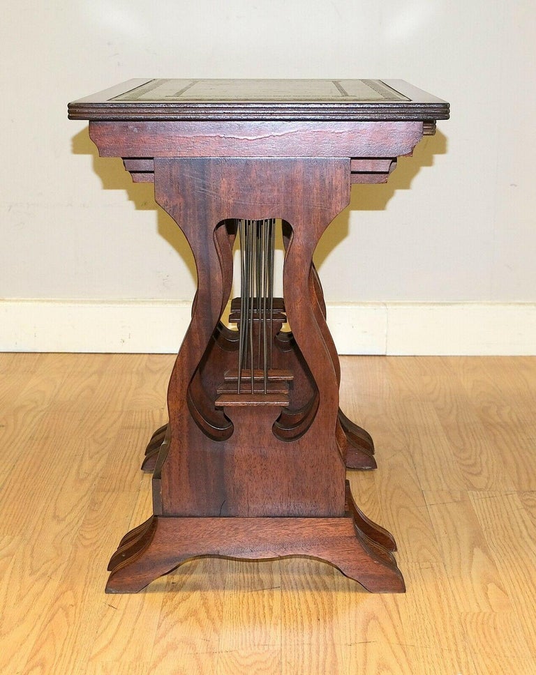 Lovely Hardwood Nest of Tables Green Leather Top with Harp Shape