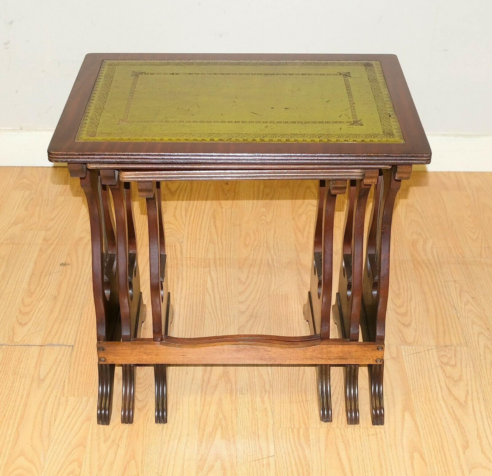 Lovely Hardwood Nest of Tables Green Leather Top with Harp Shape Support Sides For Sale 3