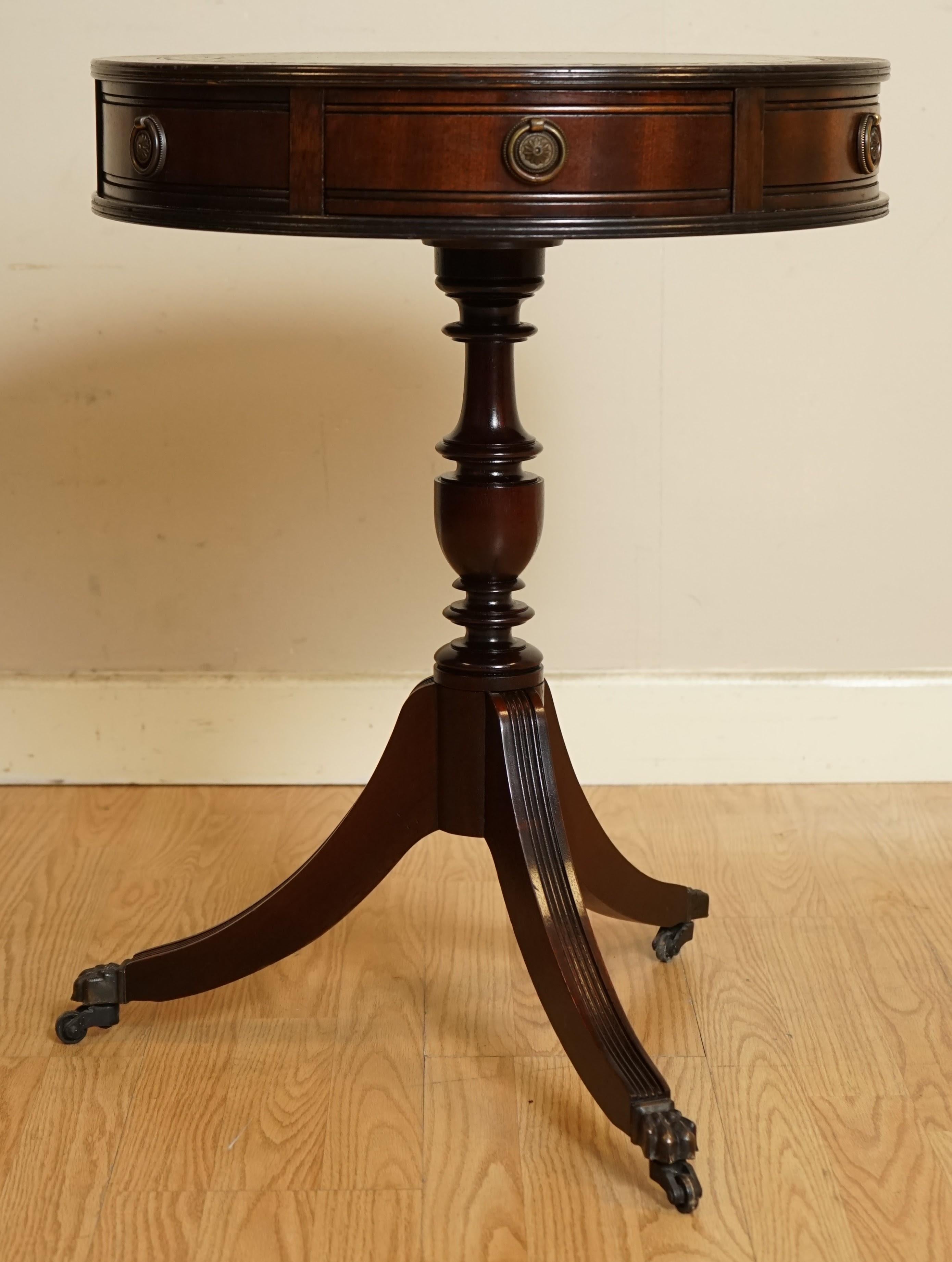 Lovely Mahogany Regency Drum Side End Table Lamp Wine Table Green Leather Inlay 3