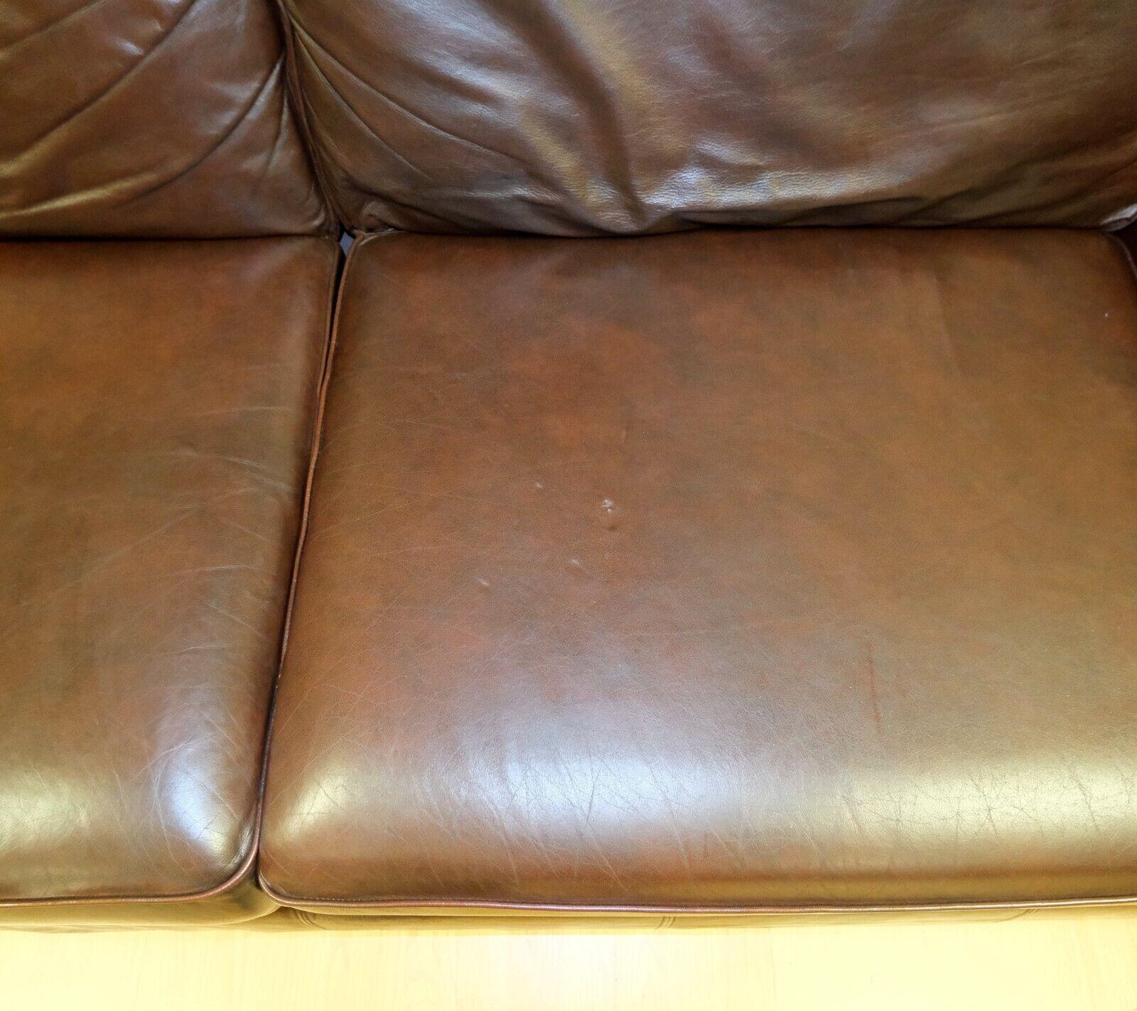 Lovely Marks & Spencer Abbey Brown Leather Two Seater Sofa on Wooden Feet For Sale 1