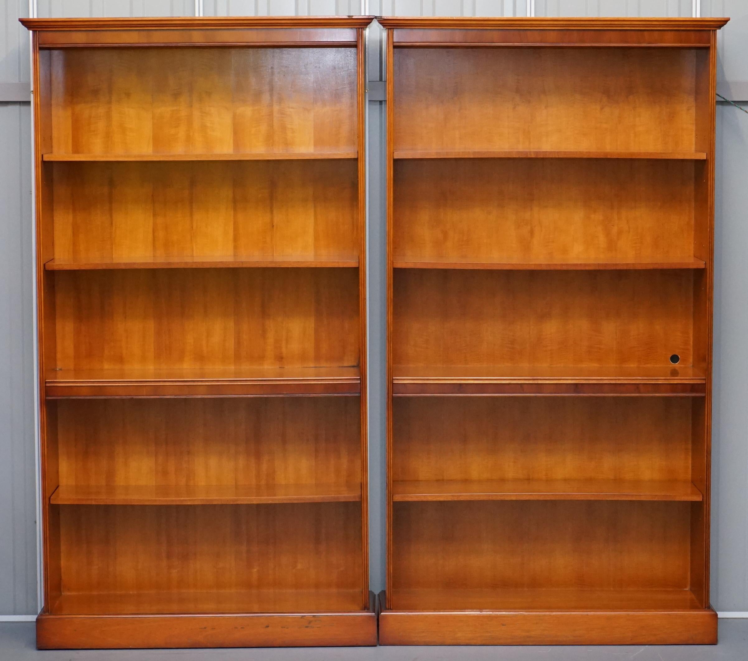 We are delighted to offer for sale this stunning pair of hand made in England yew Bradley library bookcases with height adjustable shelves

A good looking well made pair, ideally suited from any setting really, at home library or living