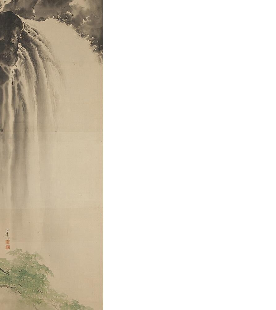 19th Century Lovely Meiji Period Scroll Paintings Japan Artist  Waterfall Landscape Painted