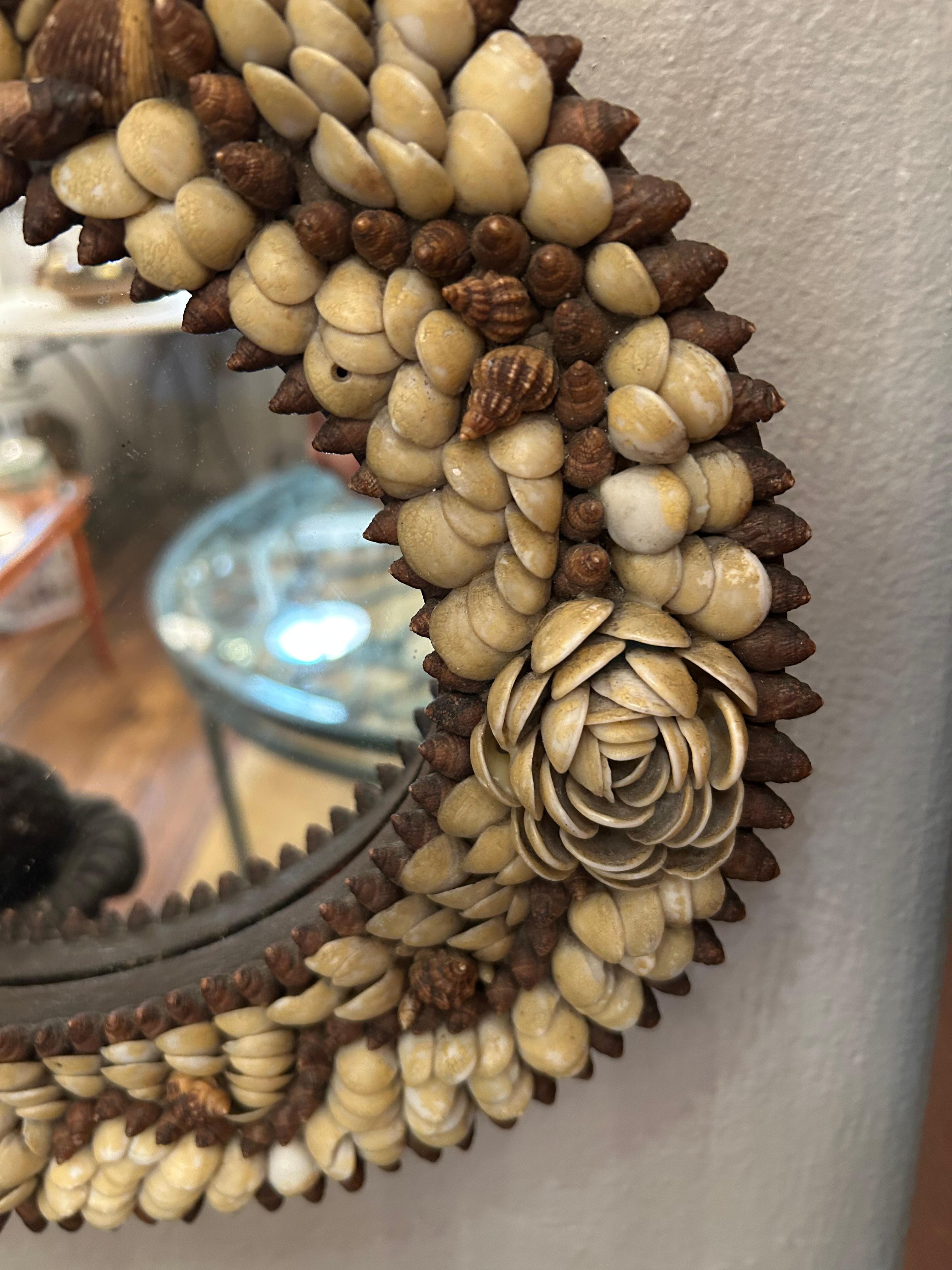 Arte popolare Delizioso specchio ovale antico di Nantucket, ornato da conchiglie e realizzato con cura meticolosa in vendita