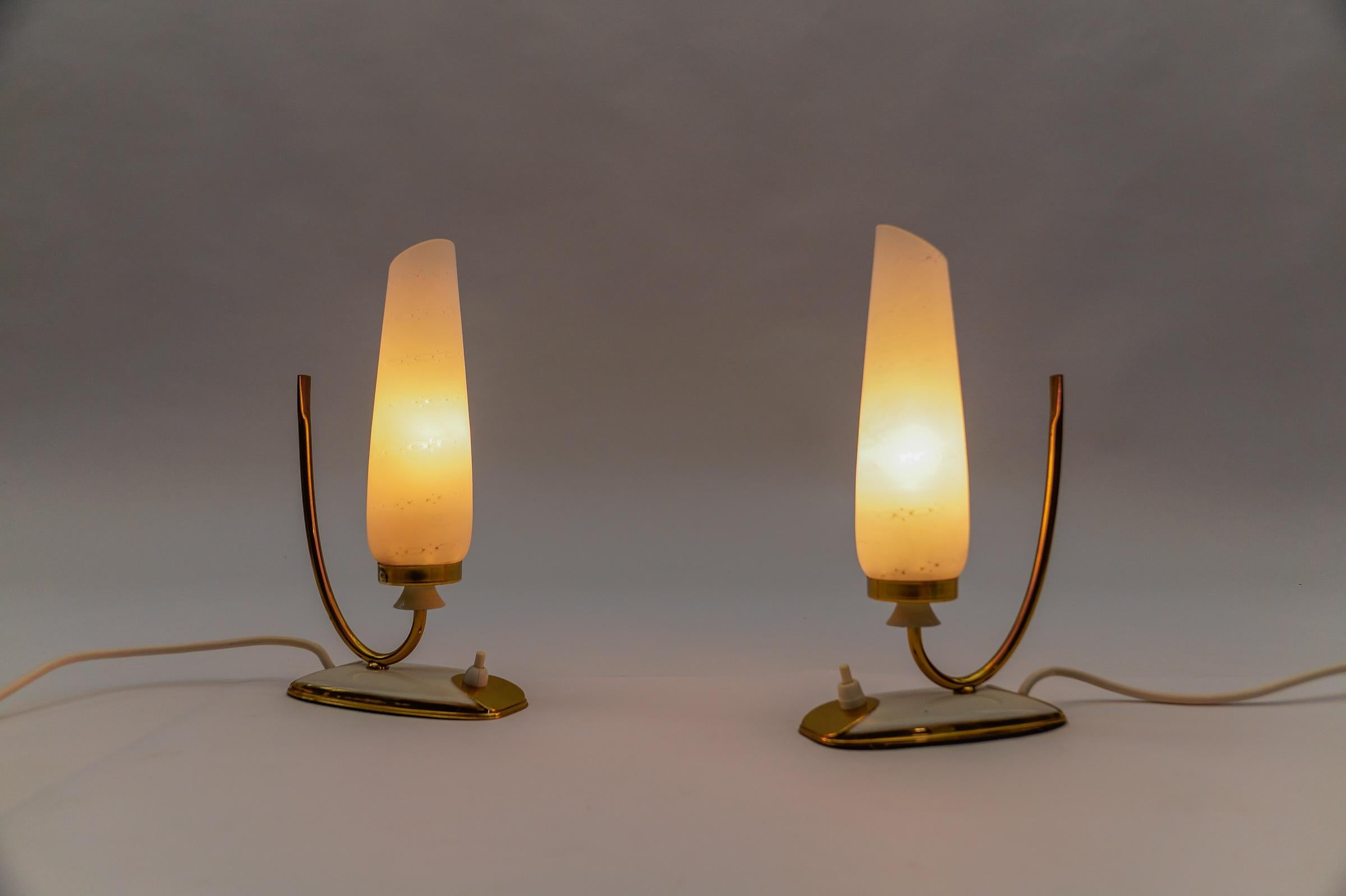 German Lovely Mid-Century Modern Brass and Glass Table Lamps, 1950s   For Sale