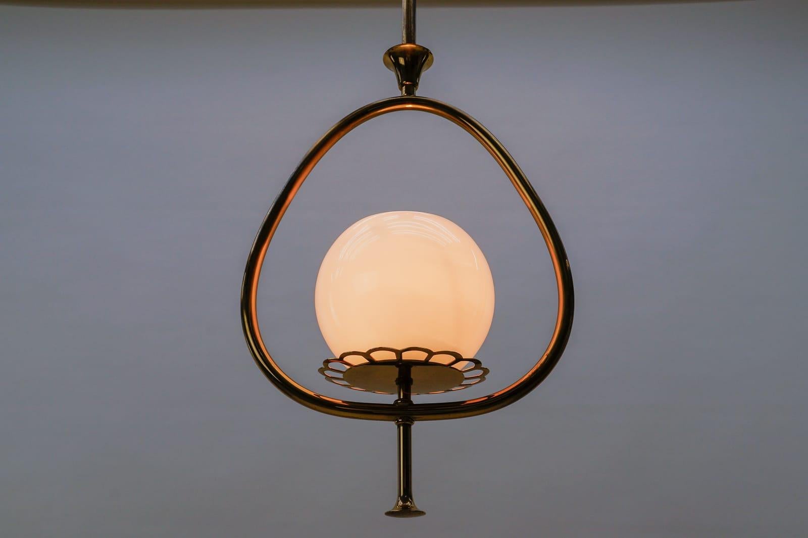Metal Lovely Mid-Century Modern Brass and Opaline Glass Ceiling Lamp, 1950s, Austria