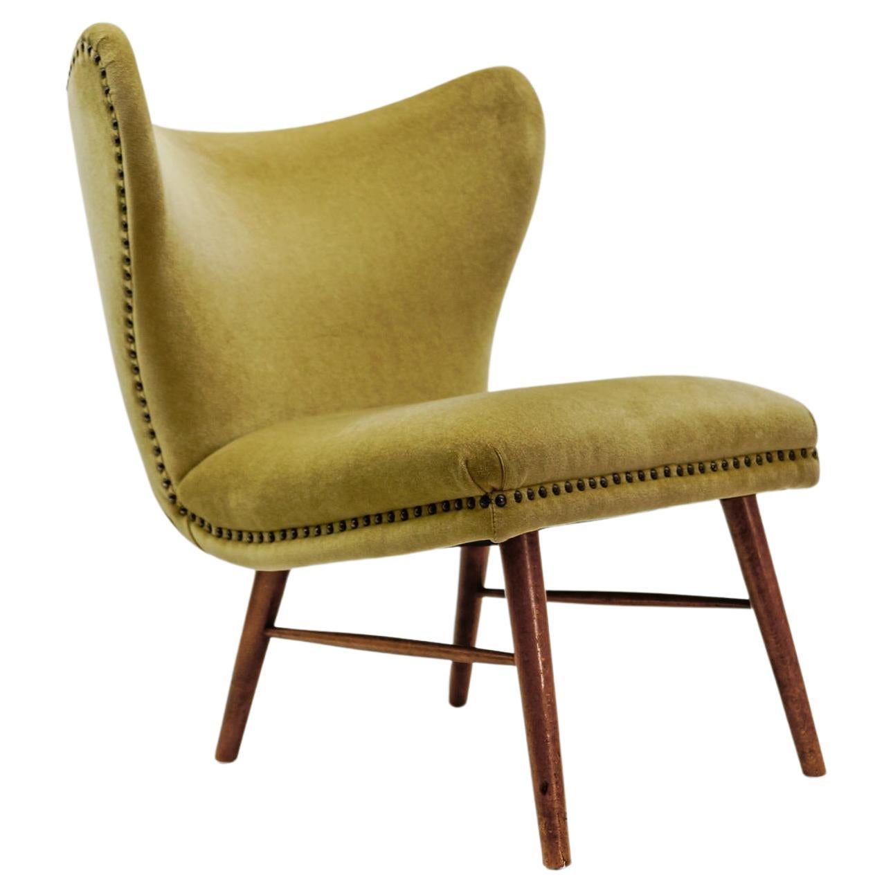 Lovely Mid-Century Modern Green Italian Wood & Fabric Wingback Armchair, 1950s