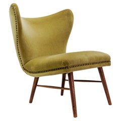 Lovely Mid-Century Modern Green Italian Wood & Fabric Wingback Armchair, 1950s