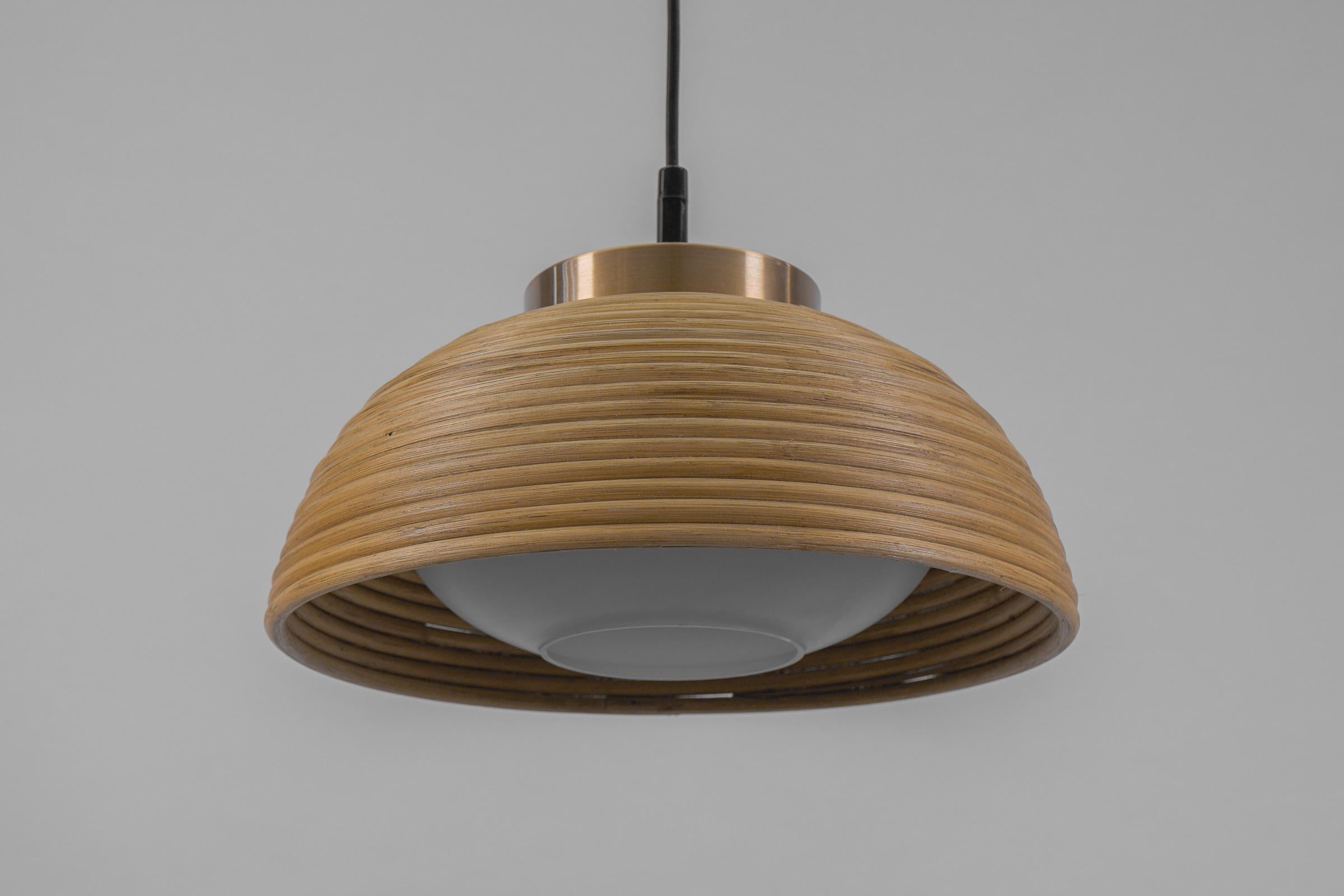 Lovely Mid-Century Modern Pendant Light made in Rattan, Glass and Copper , 1960s For Sale 6