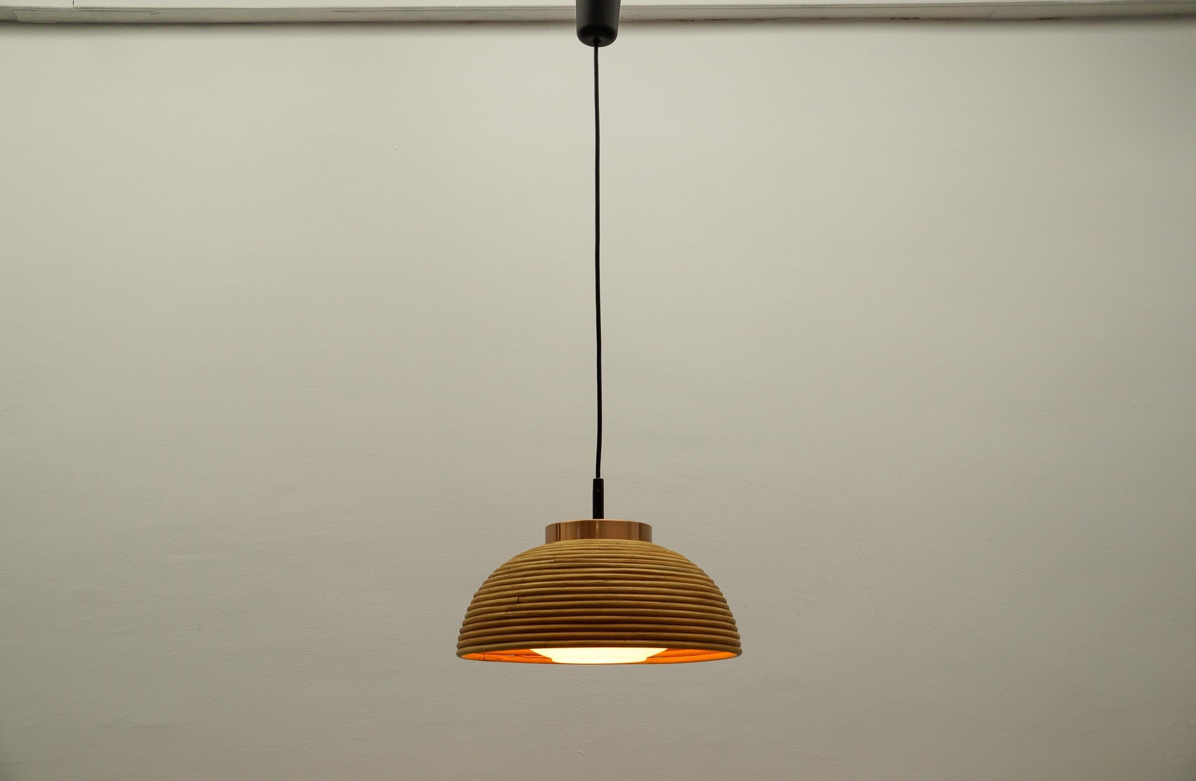 Scandinavian Modern Lovely Mid-Century Modern Pendant Light made in Rattan, Glass and Copper , 1960s For Sale