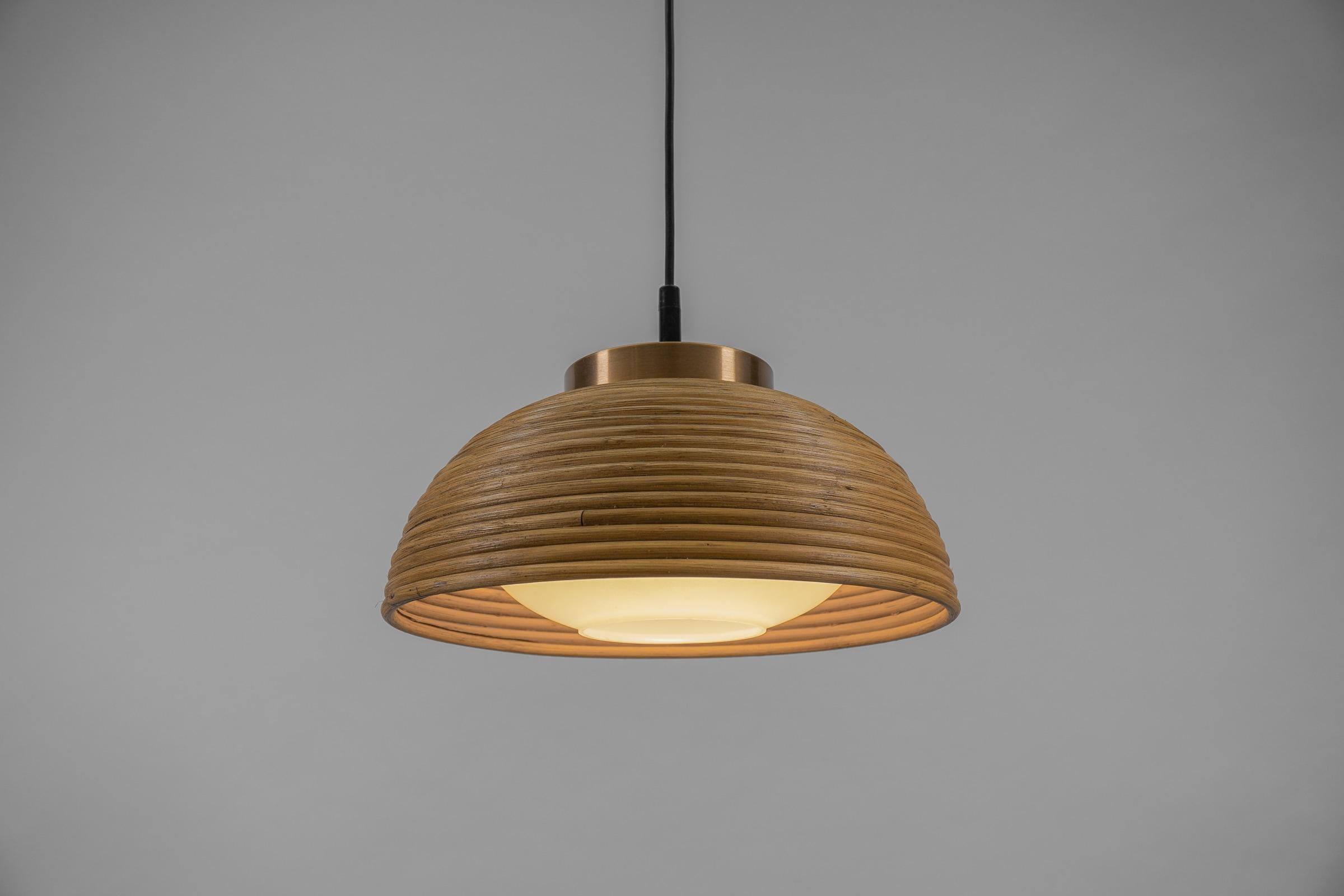 Scandinavian Lovely Mid-Century Modern Pendant Light made in Rattan, Glass and Copper , 1960s For Sale