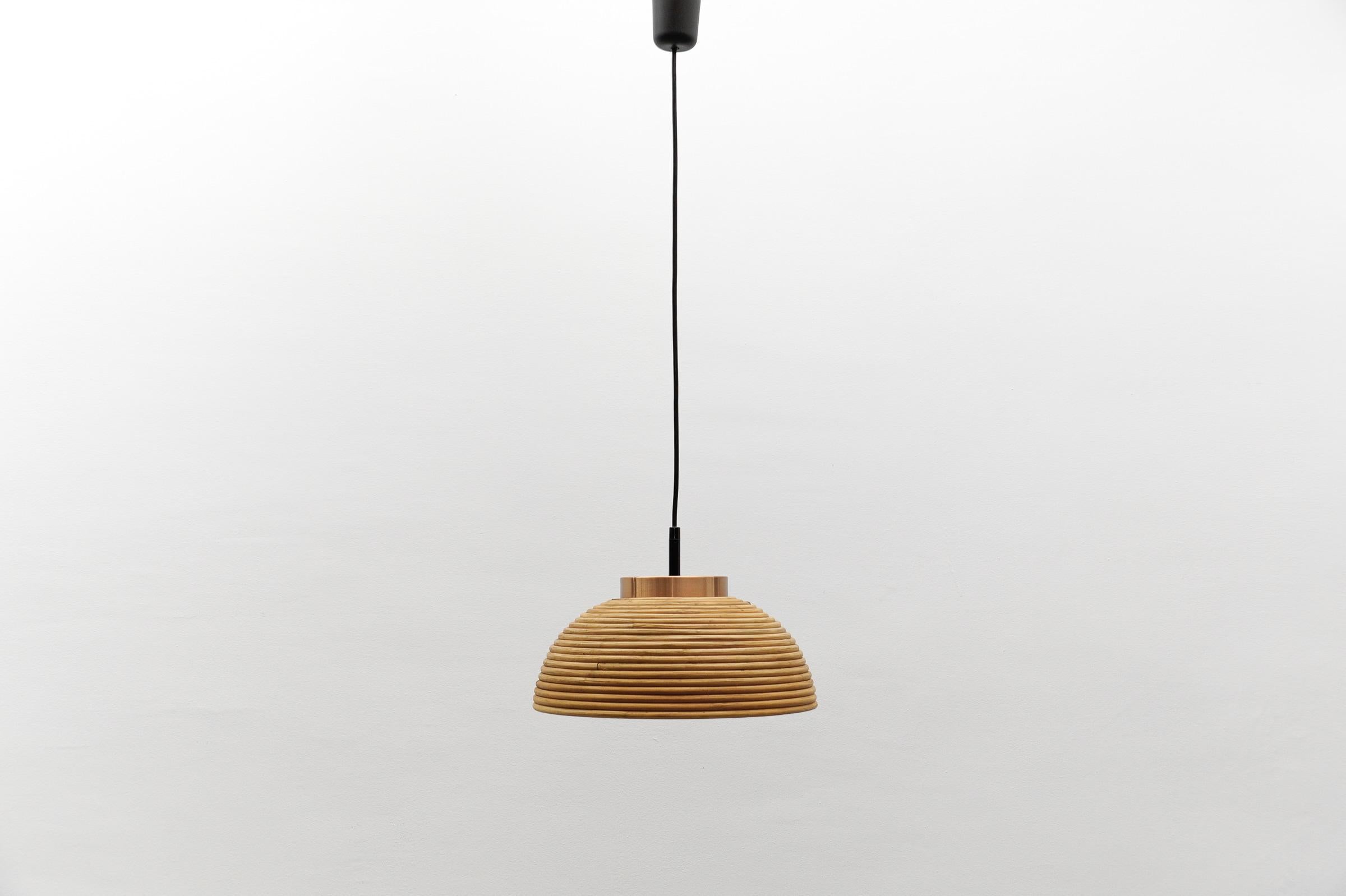 Scandinavian Lovely Mid-Century Modern Pendant Light made in Rattan, Glass and Copper , 1960s For Sale