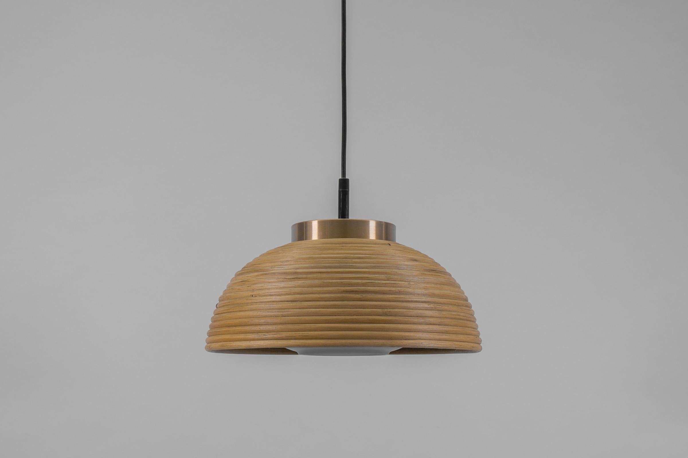 Lovely Mid-Century Modern Pendant Light made in Rattan, Glass and Copper , 1960s For Sale 1