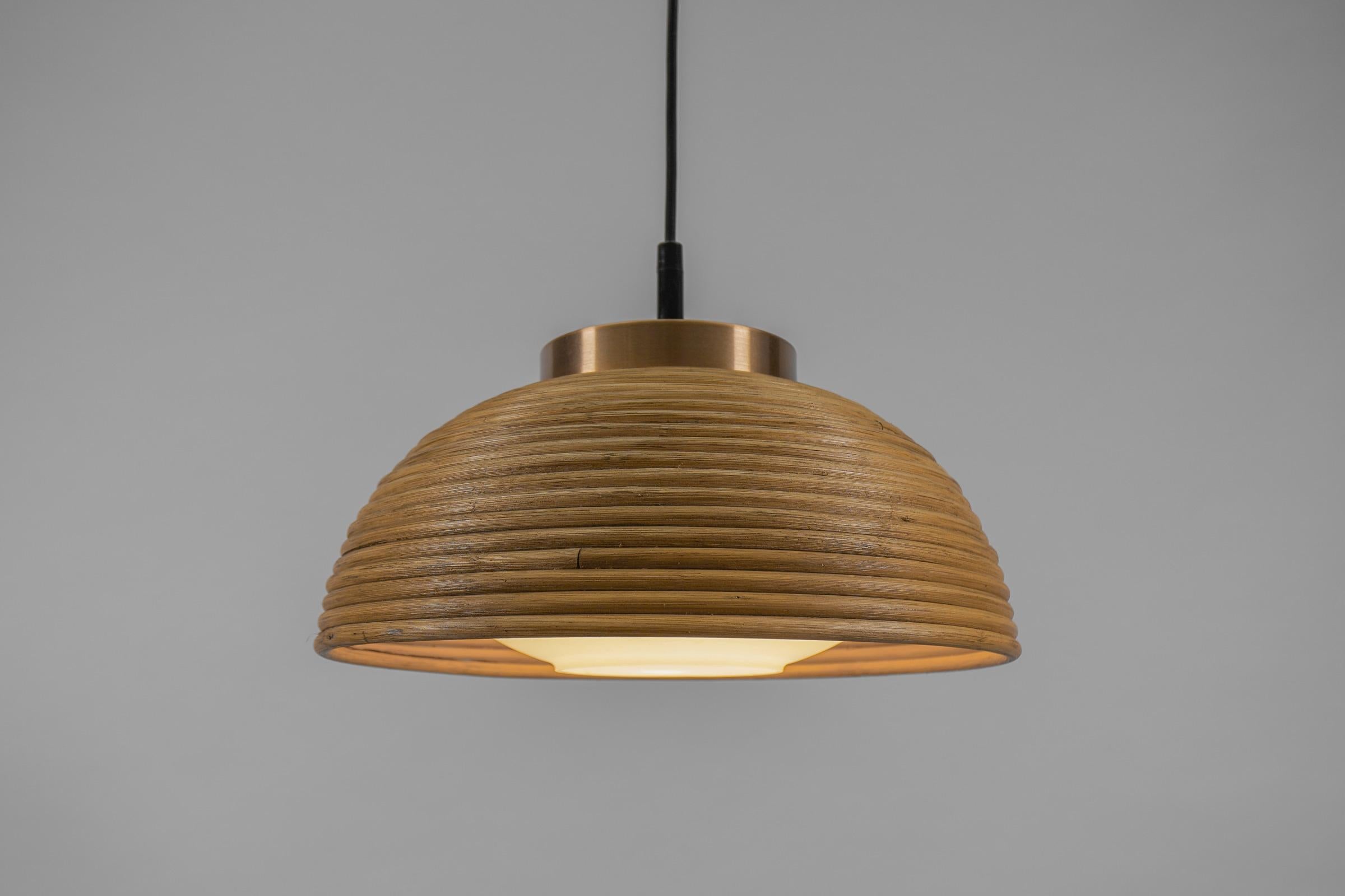 Lovely Mid-Century Modern Pendant Light made in Rattan, Glass and Copper , 1960s For Sale 2