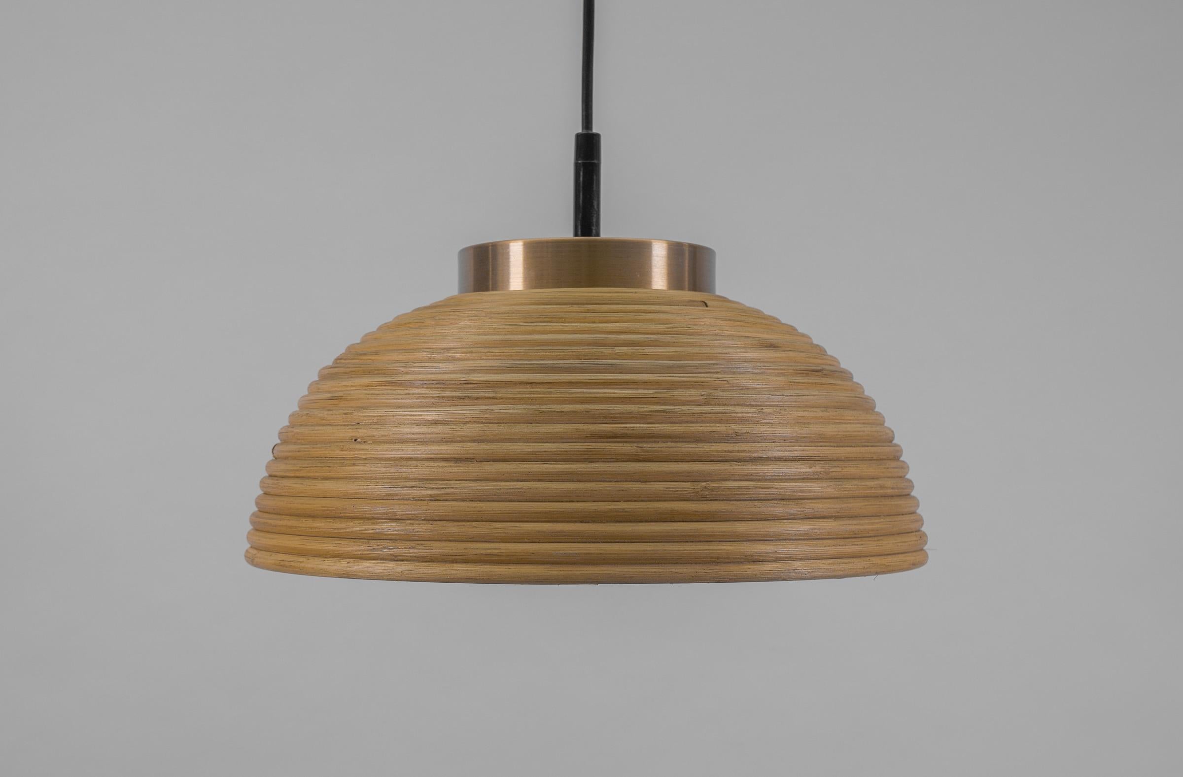 Lovely Mid-Century Modern Pendant Light made in Rattan, Glass and Copper , 1960s For Sale 3