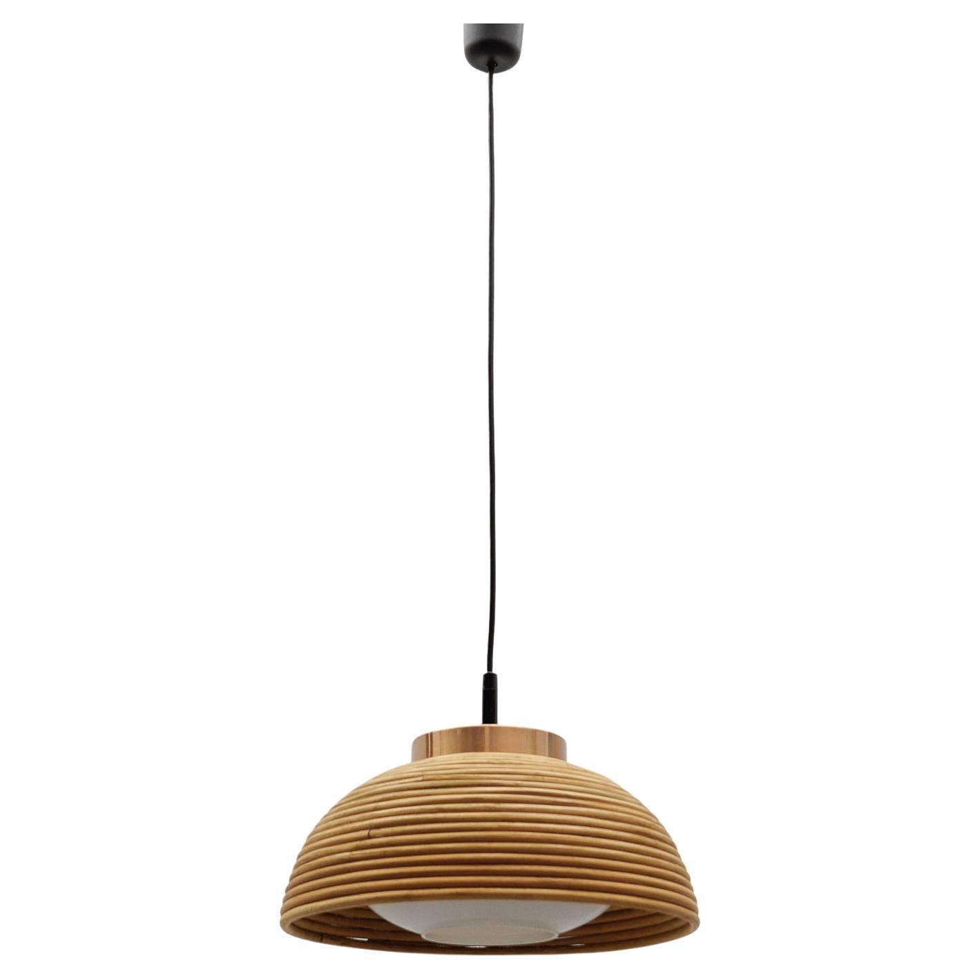 Lovely Mid-Century Modern Pendant Light made in Rattan, Glass and Copper , 1960s