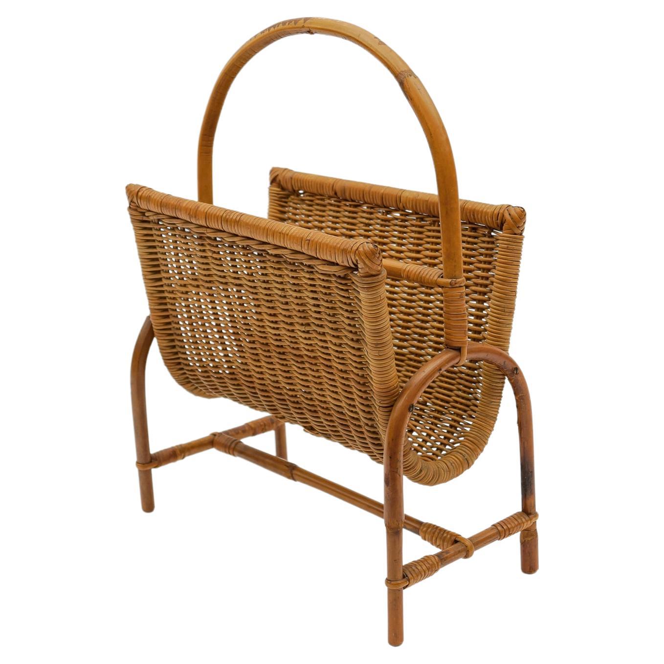 Lovely Mid-Century Modern Rattan Magazine Rack, 1960s Italy For Sale