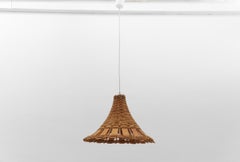 Lovely Mid-Century Modern Rattan Wicker and Wood Pendant Lamp, 1960s Italy