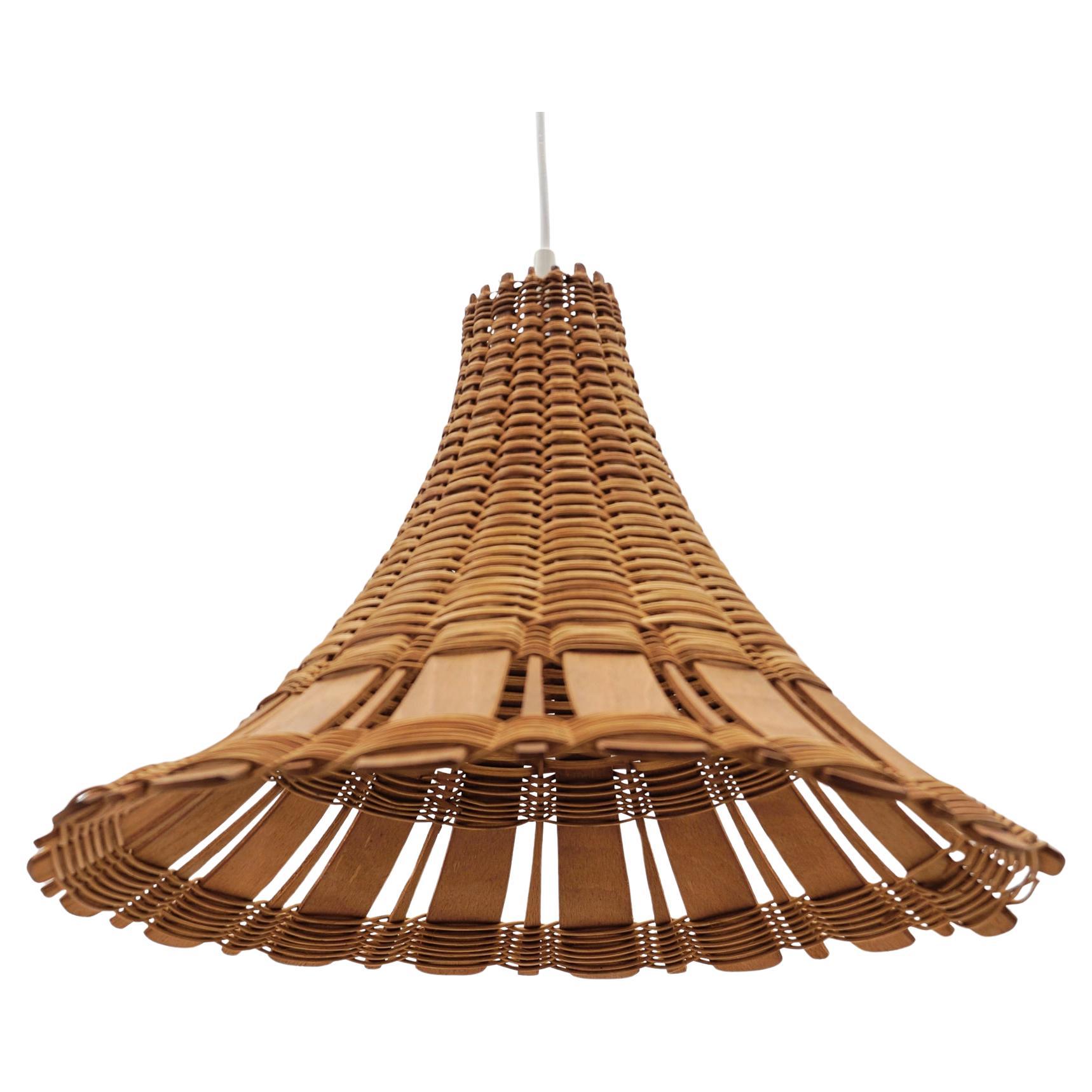 Lovely Mid-Century Modern Rattan Wicker and Wood Pendant Lamp, 1960s Italy