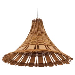 Lovely Mid-Century Modern Rattan Wicker and Wood Pendant Lamp, 1960s Italy