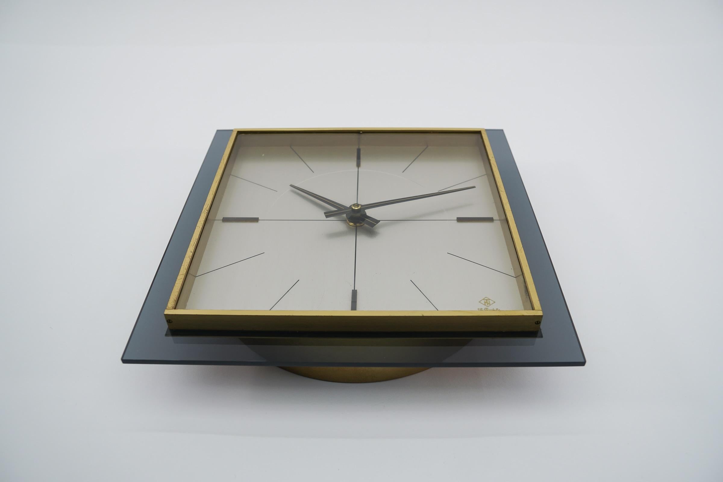 German Lovely Mid-Century Modern Wall Clock by Telenorma TN in Brass and Acryl, 1960s For Sale