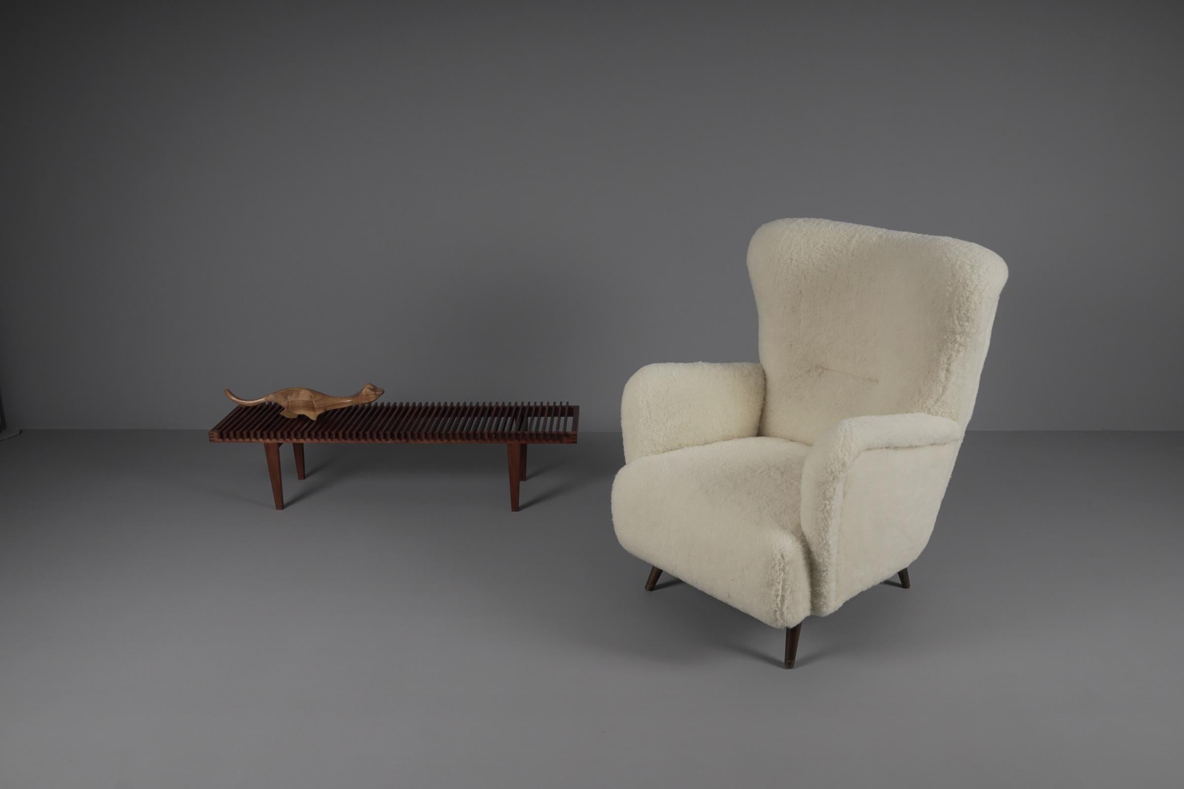 Lovely Mid-Century Modern Wingback Chair in sheepskin wool fabric, 1950s  3