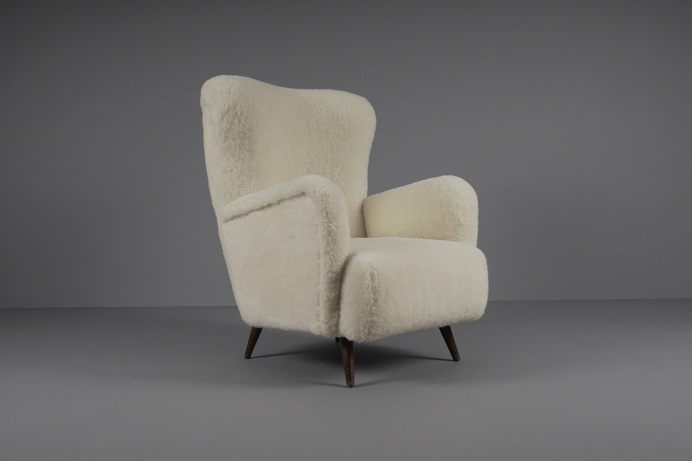 Scandinavian Lovely Mid-Century Modern Wingback Chair in sheepskin wool fabric, 1950s 