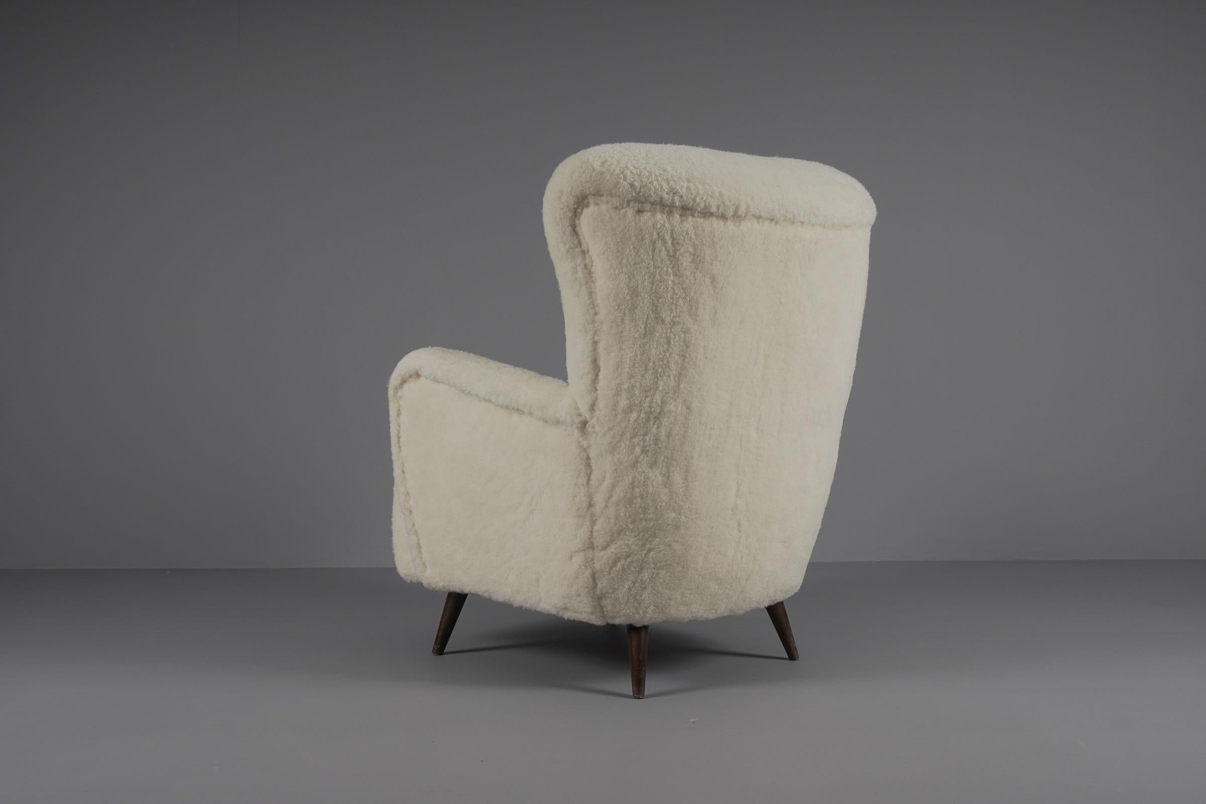 Lovely Mid-Century Modern Wingback Chair in sheepskin wool fabric, 1950s  1