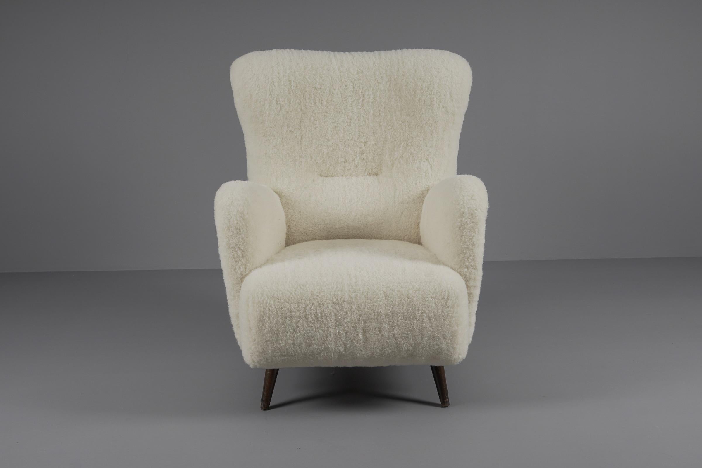 Lovely Mid-Century Modern Wingback Chair in sheepskin wool fabric, 1950s  2