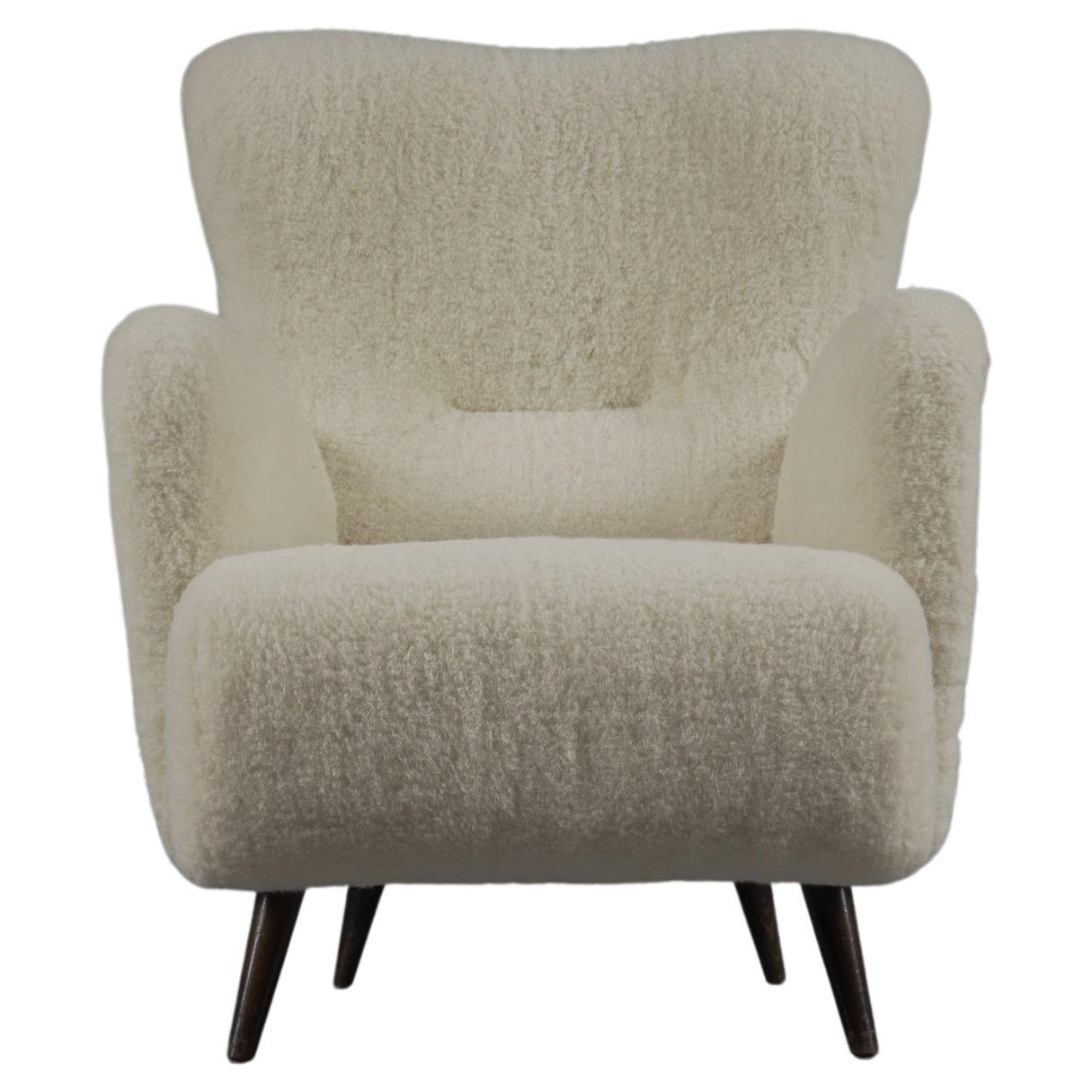 Lovely Mid-Century Modern Wingback Chair in sheepskin wool fabric, 1950s 