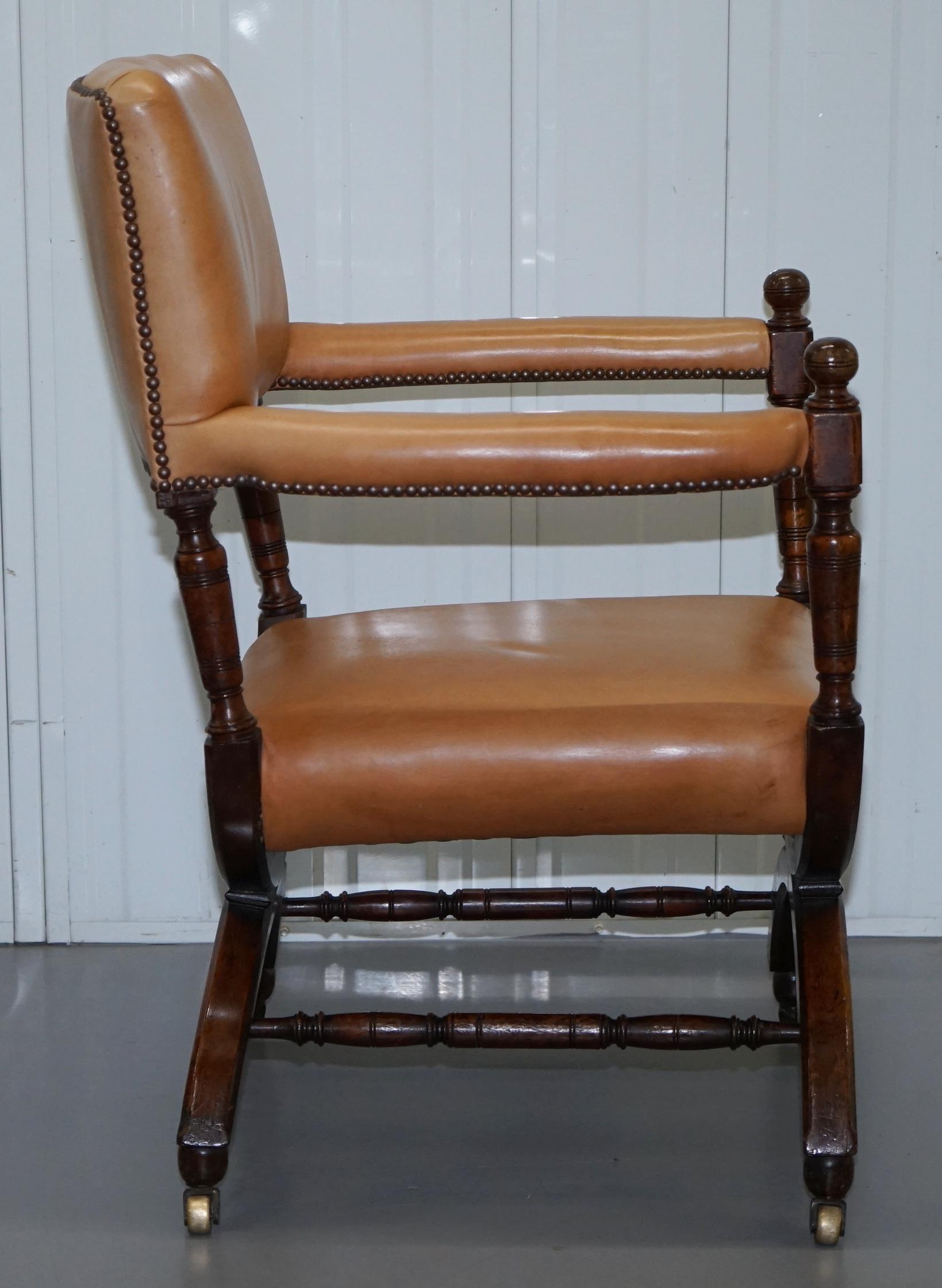 Lovely Mid Victorian Tan Brown Leather Open Armchair Walnut Frame Brass Castors 6