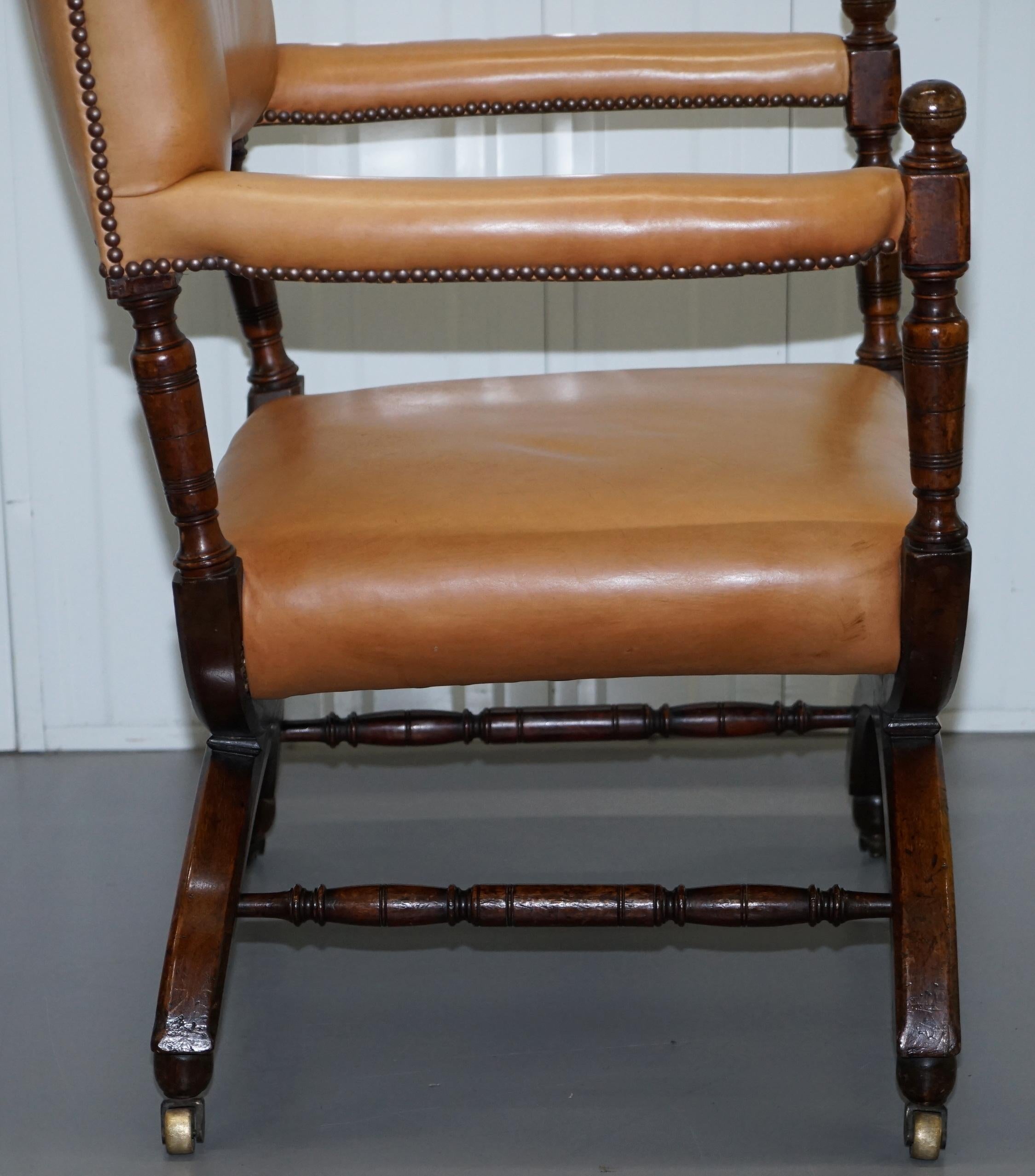 Lovely Mid Victorian Tan Brown Leather Open Armchair Walnut Frame Brass Castors 7