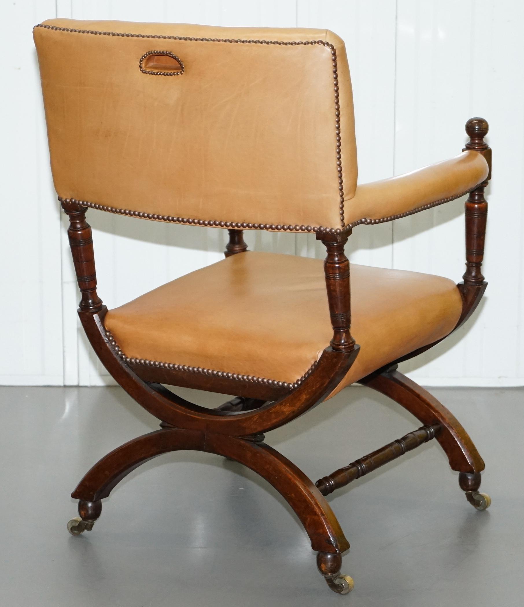 Lovely Mid Victorian Tan Brown Leather Open Armchair Walnut Frame Brass Castors 8