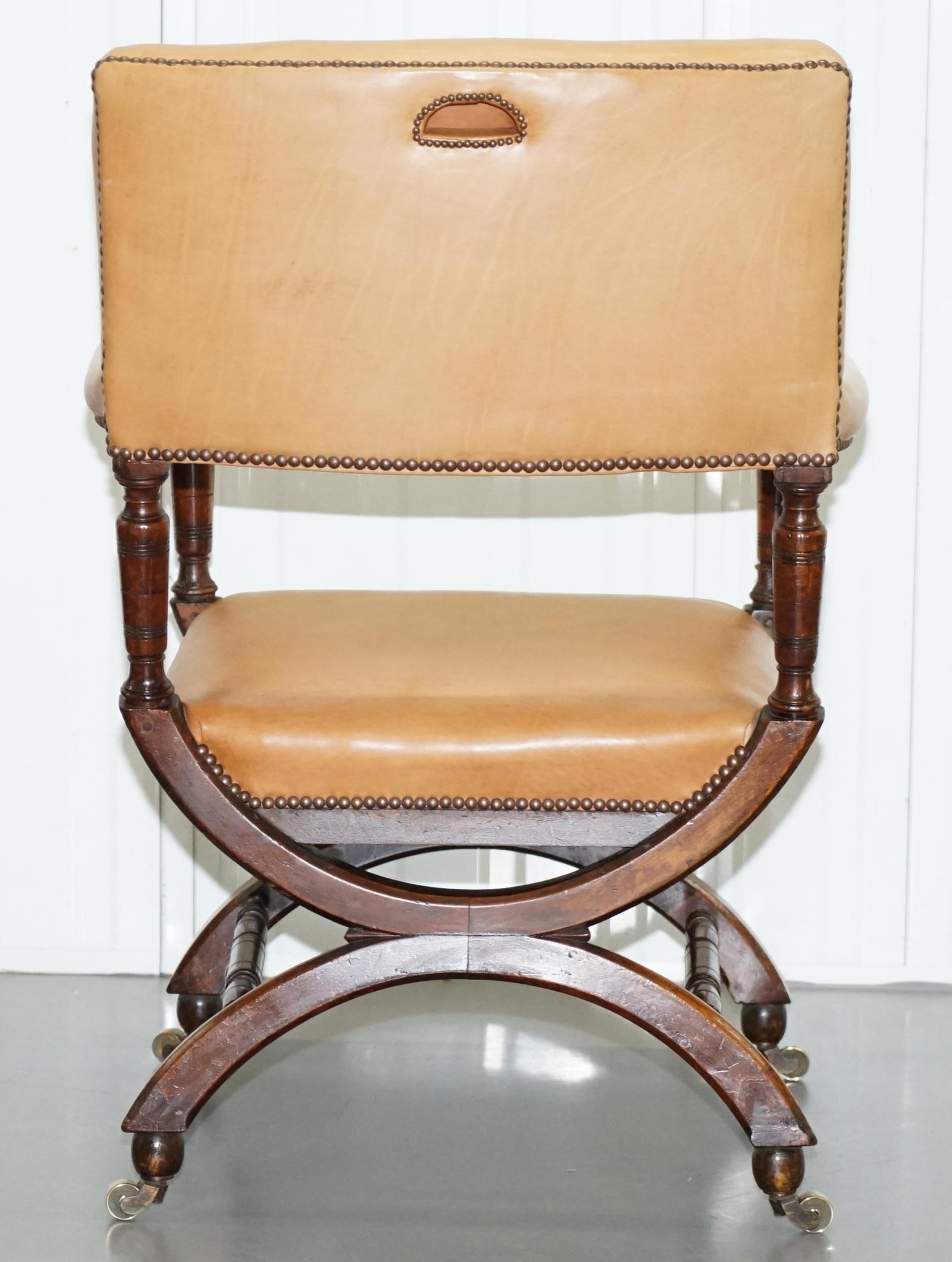 Lovely Mid Victorian Tan Brown Leather Open Armchair Walnut Frame Brass Castors 9