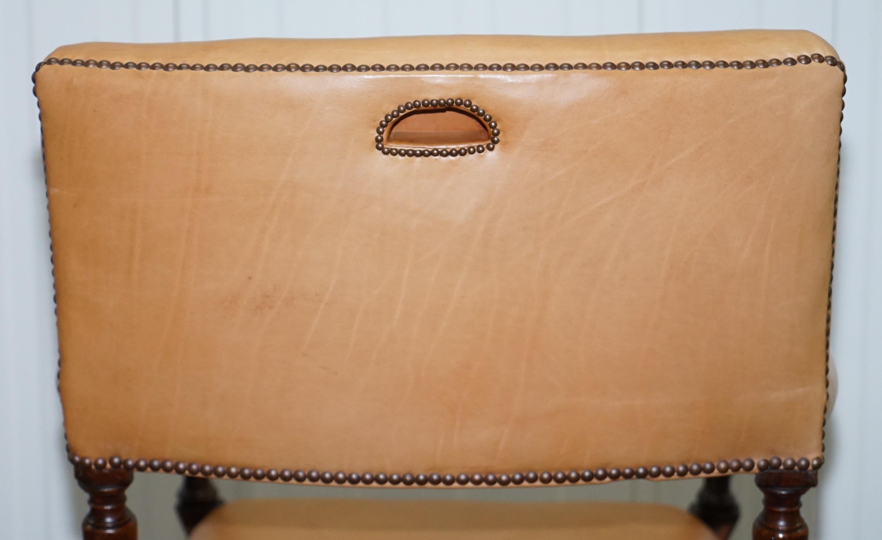 Lovely Mid Victorian Tan Brown Leather Open Armchair Walnut Frame Brass Castors 10